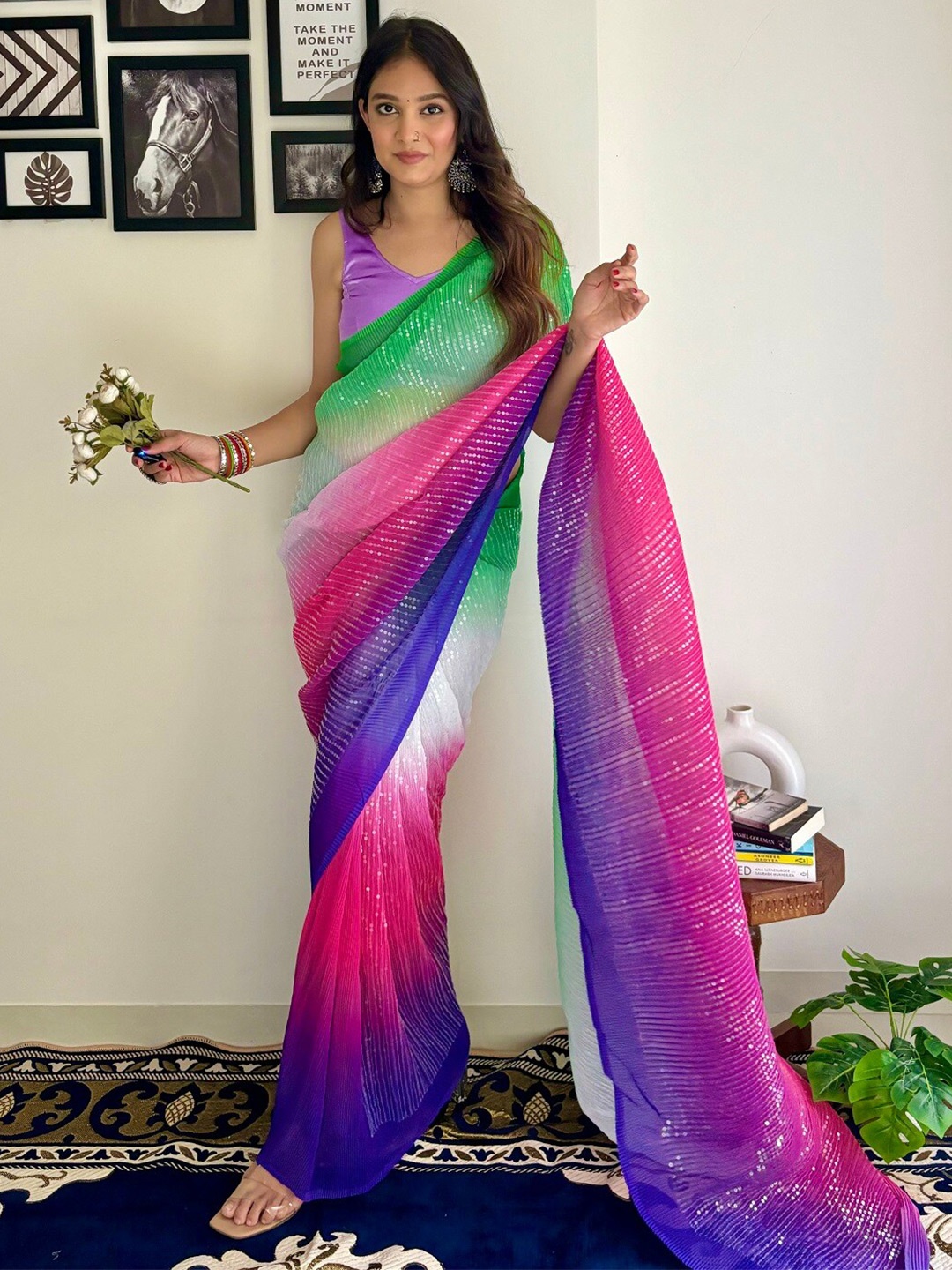 

Kalista Blue & Pink Colourblocked Sequinned Pure Georgette Saree