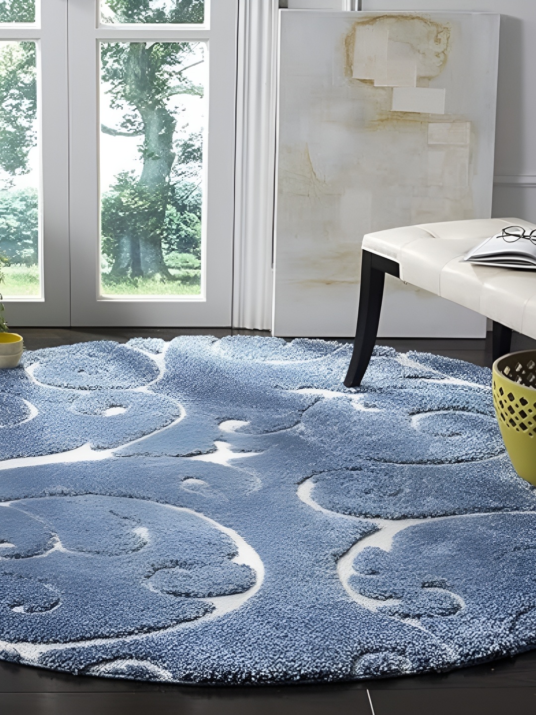 Shopgallery Blue & White Floral Anti-Skid Shaggy Carpet