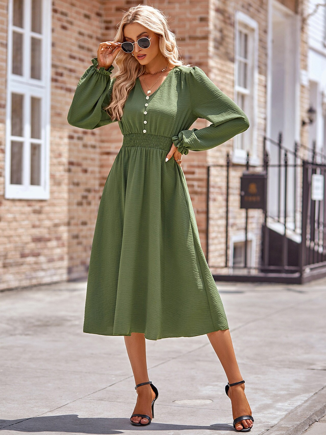 

StyleCast V Neck Puff Sleeve Fit & Flare Dress, Green