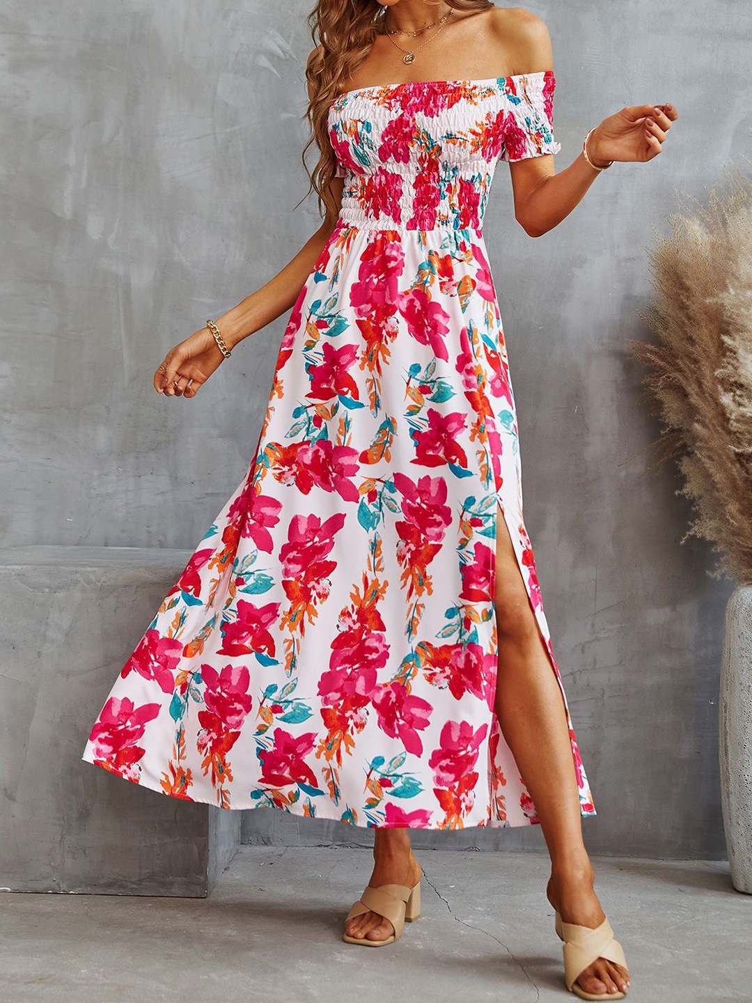 

StyleCast Floral Printed Off-Shoulder Front Sleeves Maxi Fit and Flare Dress, Pink