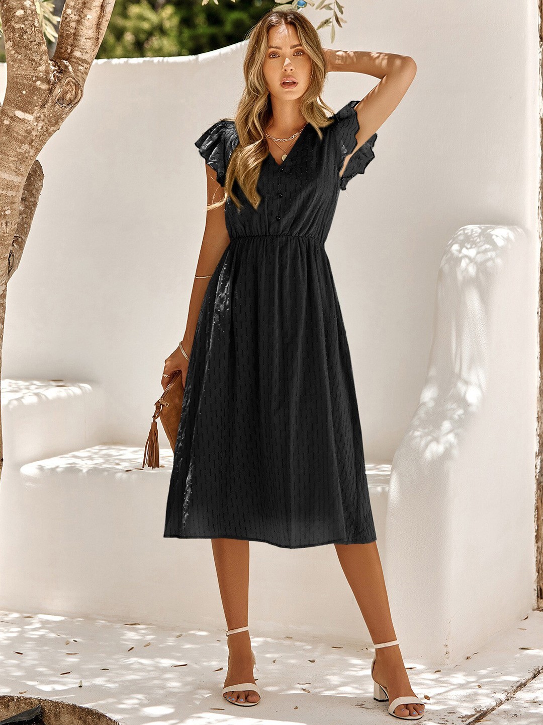 

StyleCast Black Flutter Sleeve Fit and Flare Midi Dress