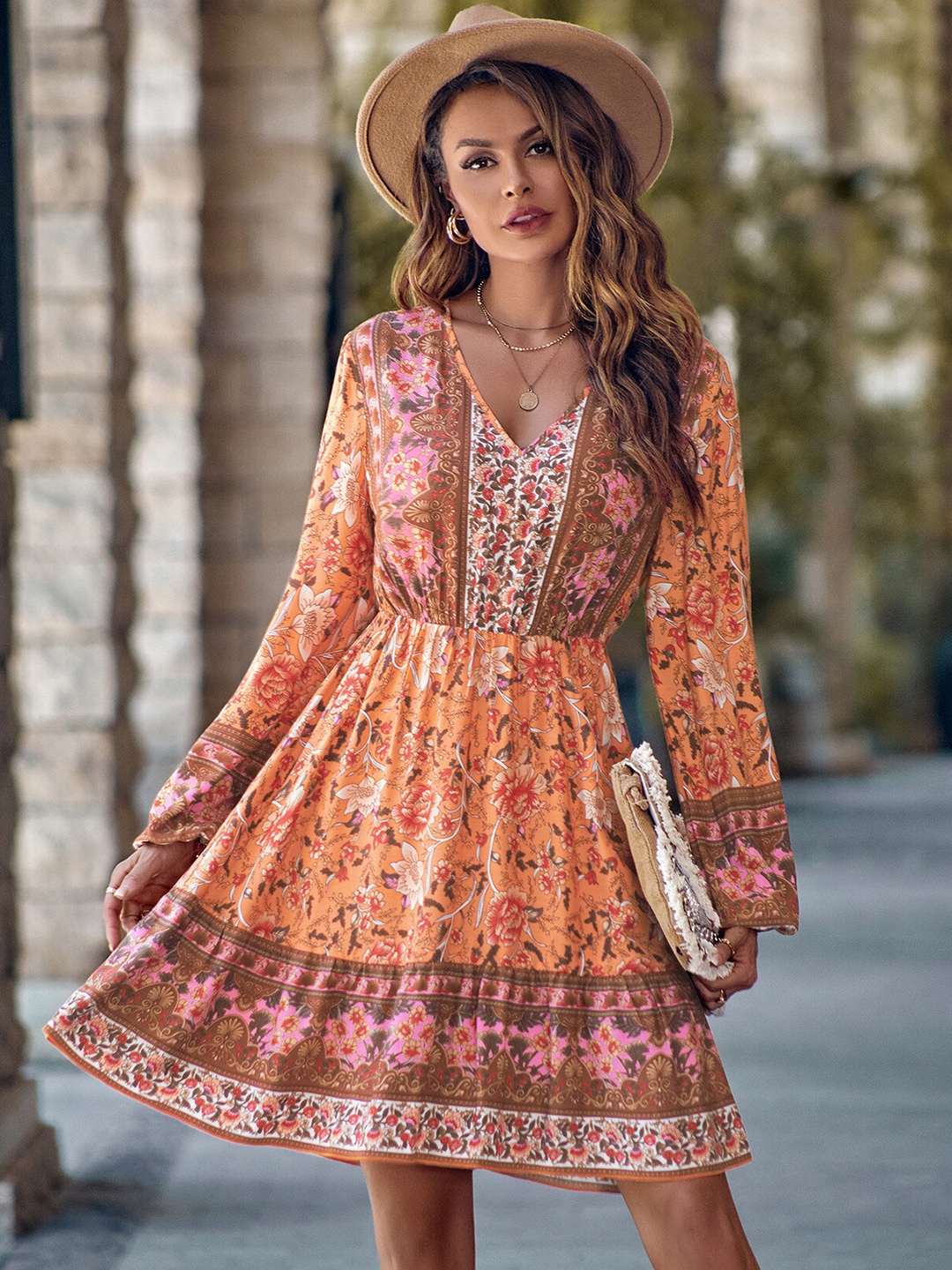 

StyleCast Ethnic Motifs Printed V Neck Flared Sleeves Fit & Flare Dress, Orange