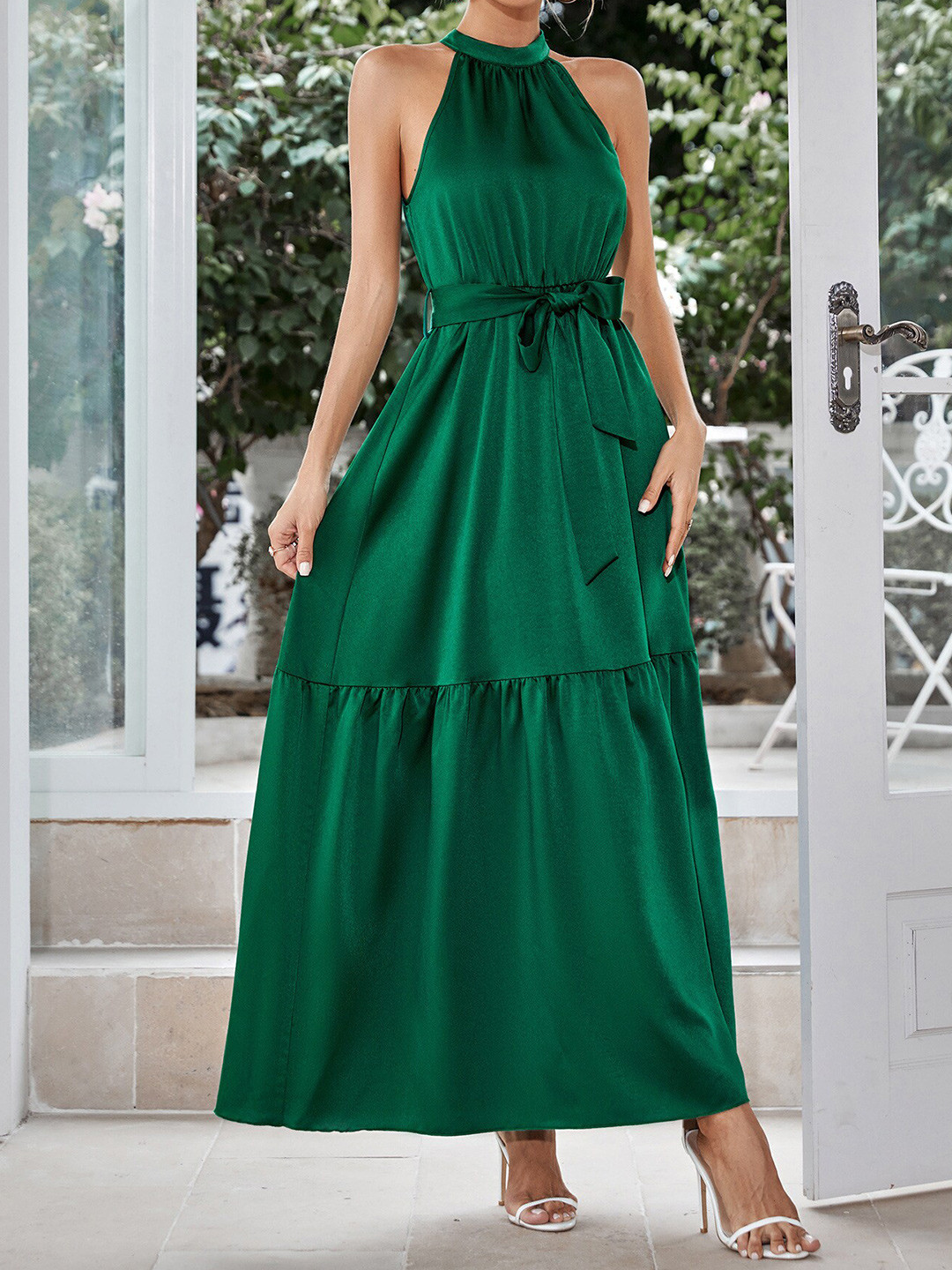 

StyleCast Halter Neck Sleeveless Tie Ups Maxi Dress, Green