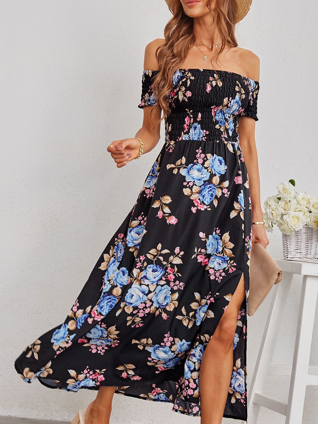 

StyleCast Black Floral Printed Off-Shoulder Fit and Flare Maxi Dress