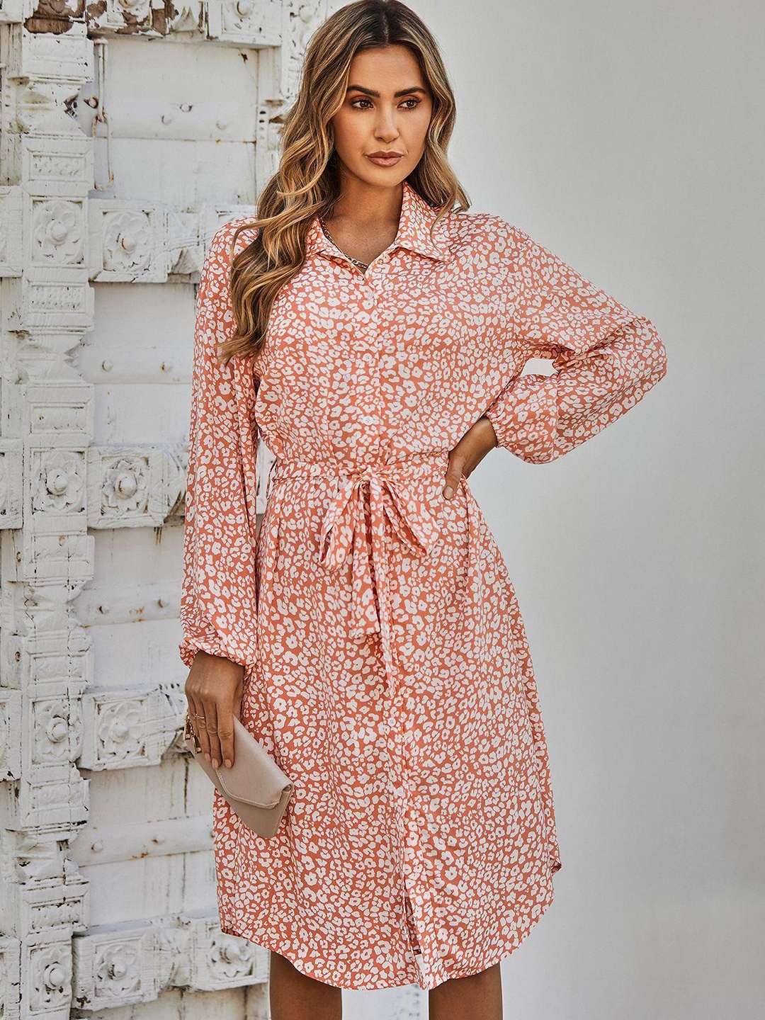 

StyleCast Printed Tie Ups Cuffed Sleeves Shirt Dress, Orange