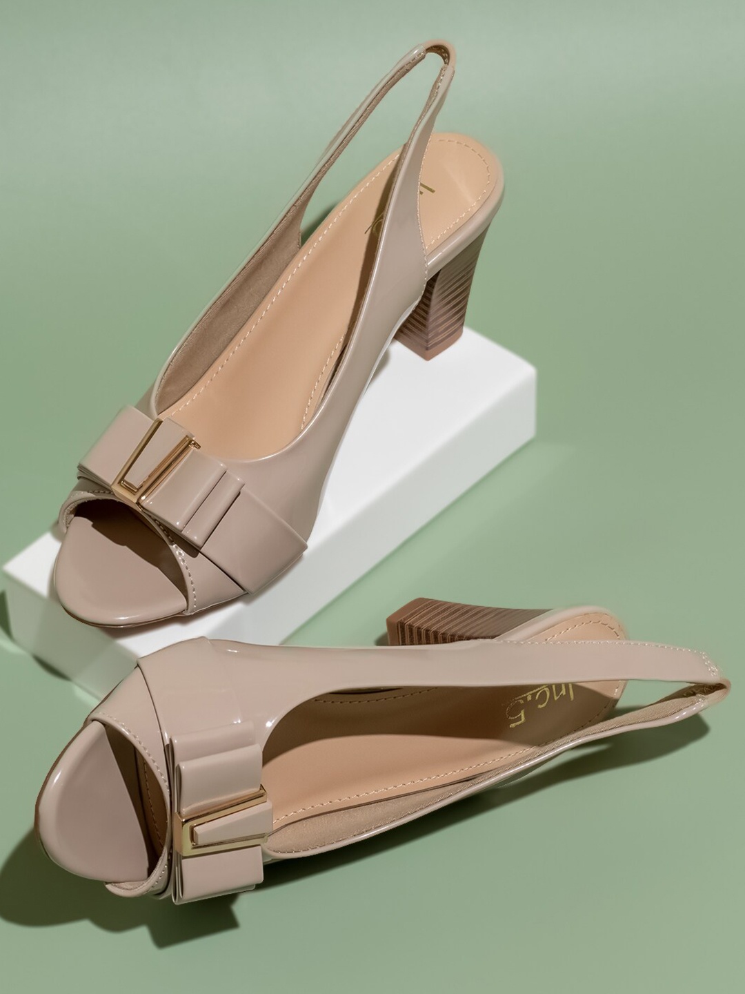 

Inc 5 Open Toe Bows Block Heels, Beige