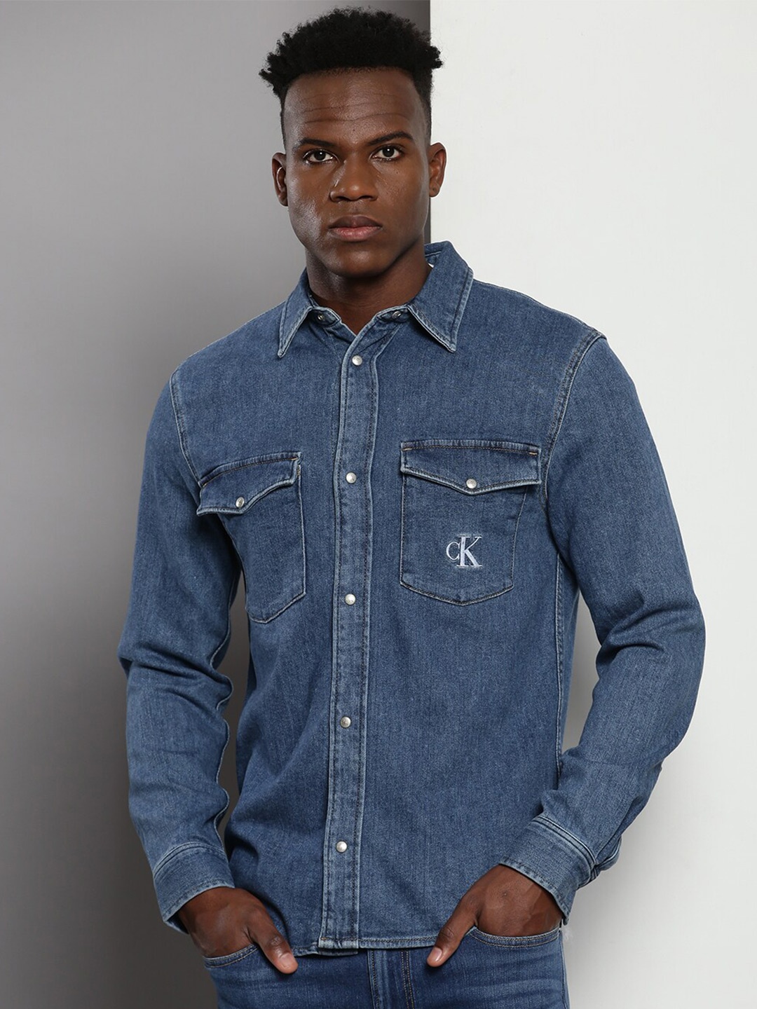 

Calvin Klein Slim Fit Spread Collar Long Sleeves Denim Casual Shirt, Blue