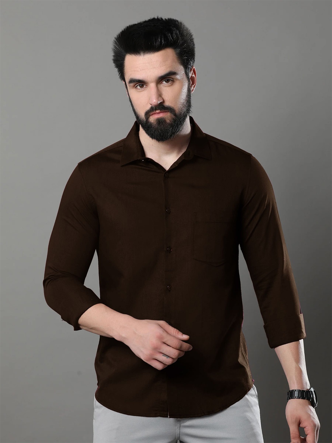 

Tee Projekt Spread Collar Long Sleeves Standard Cotton Casual Shirt, Brown