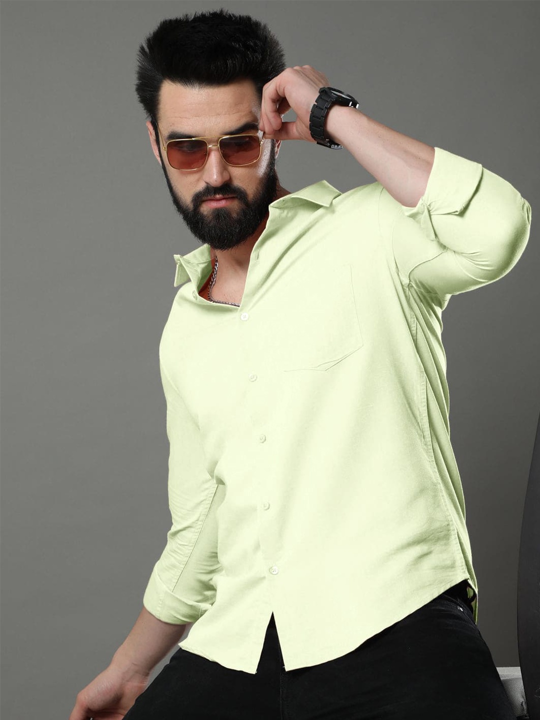 

Tee Projekt Standard Cotton Opaque Slim Fit Casual Shirt, Lime green