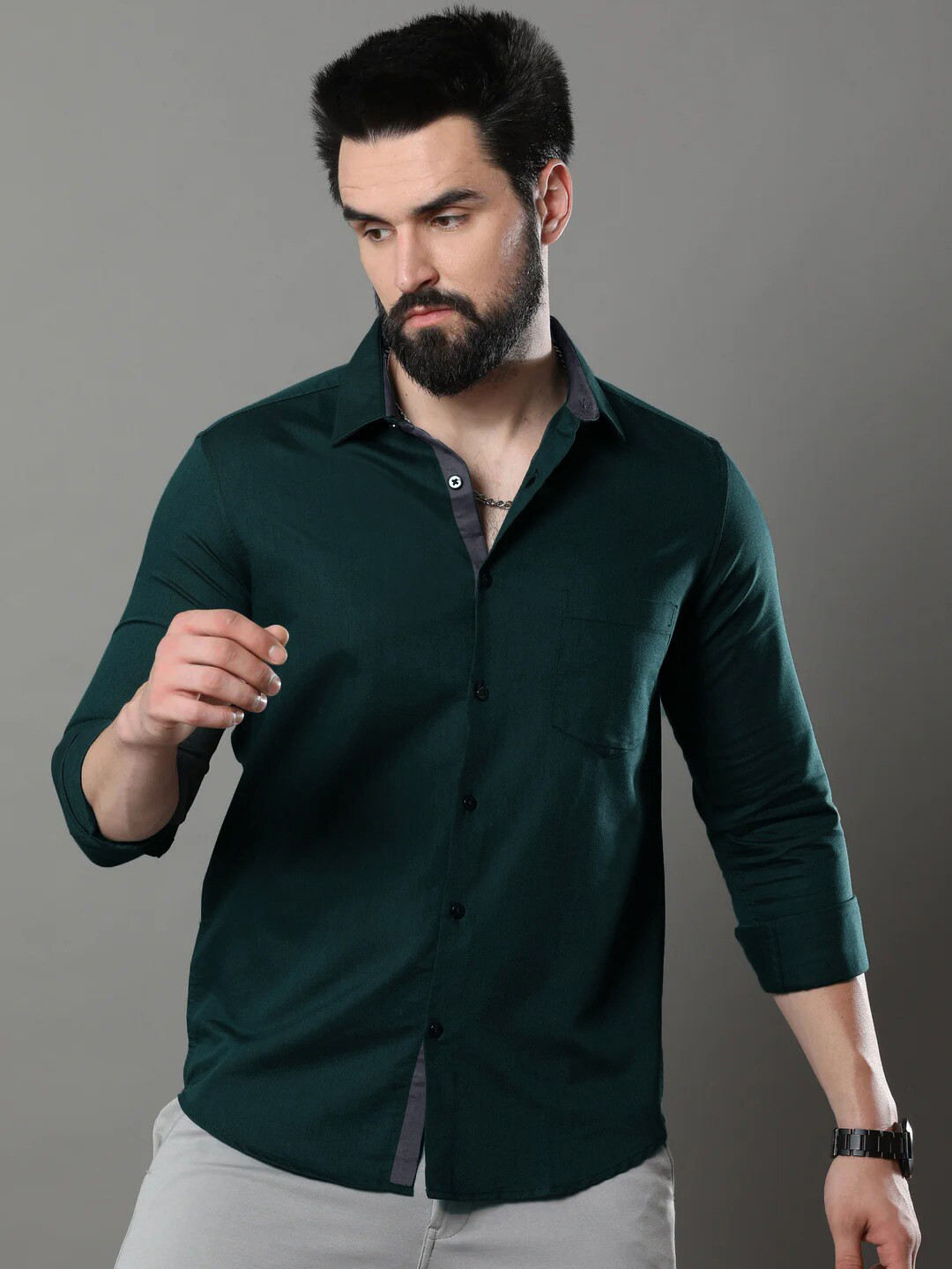 

Tee Projekt Standard Spread Collar Long Sleeves Pure Cotton Slim Fit Casual Shirt, Olive