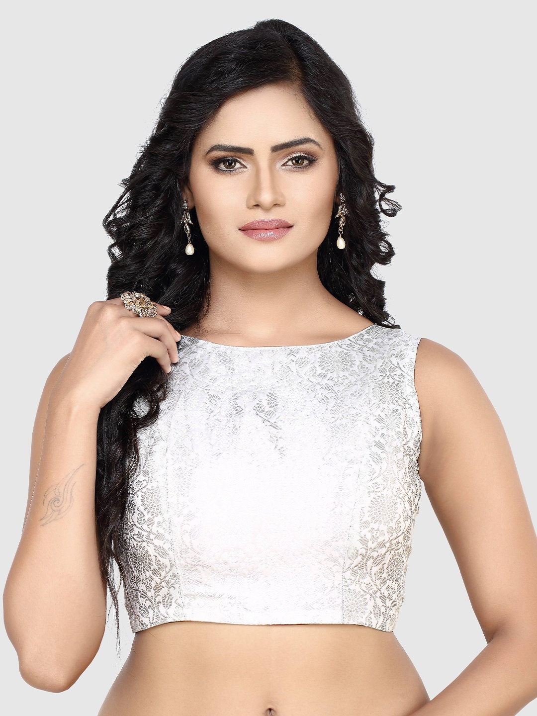 

Madhu Fashion Ethnic Motif Boat Neck Ready To Wear Saree Blouse, White