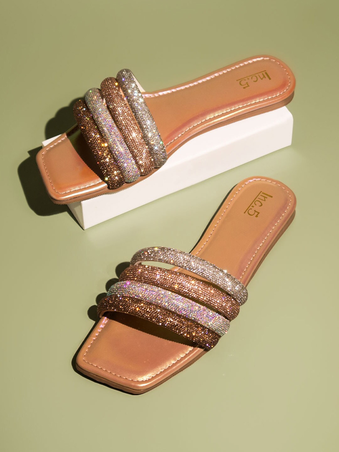 

Inc 5 Colourblocked Embellished Open Toe Flats, Gold