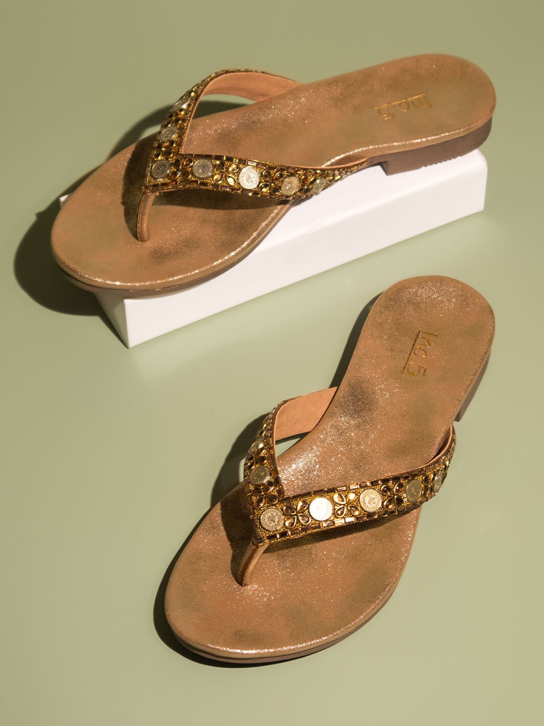 

Inc 5 Embellished Open Toe T-Strap Flats, Gold