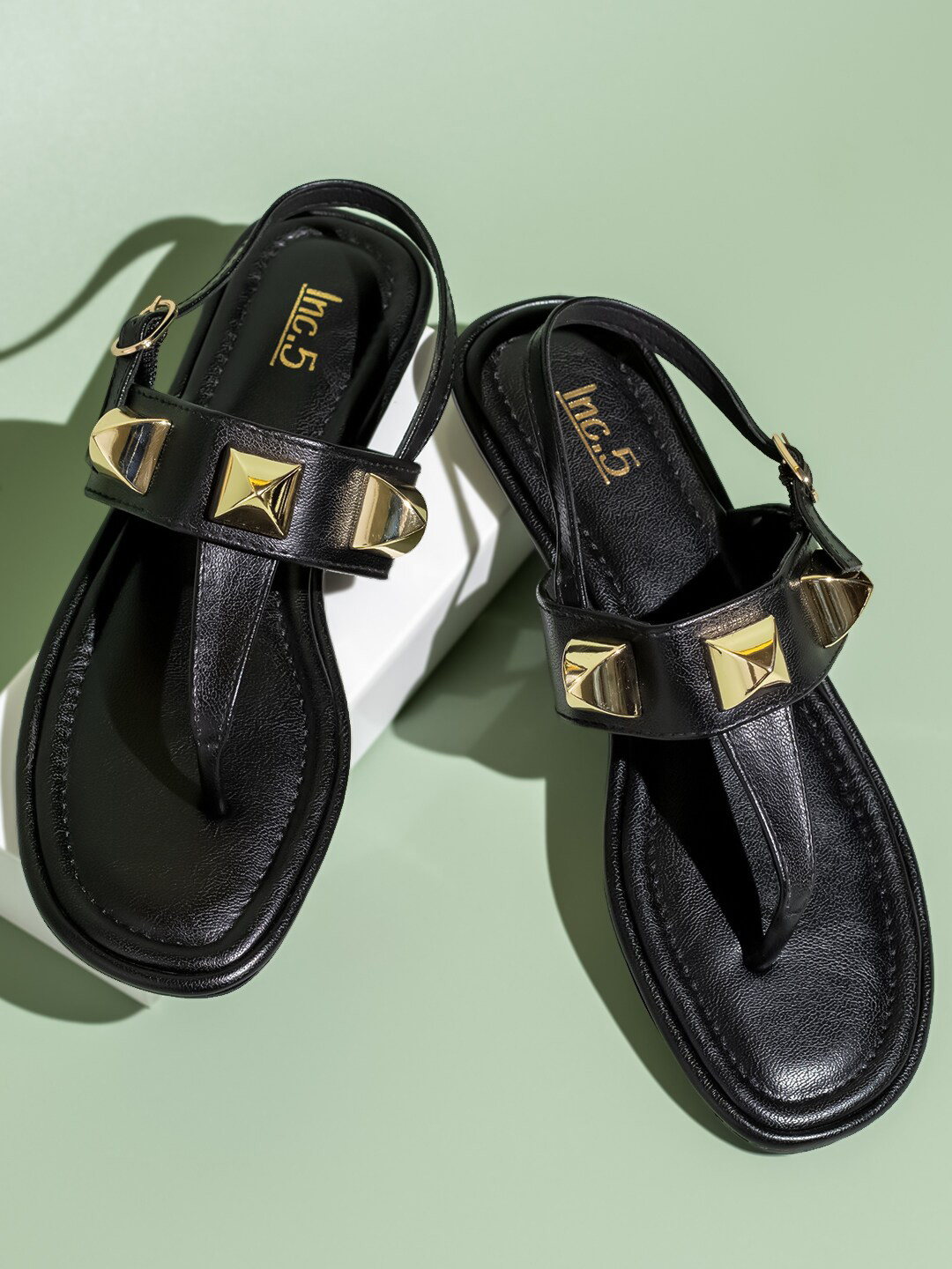 

Inc 5 Embellished Open Toe T-Strap Flats, Black