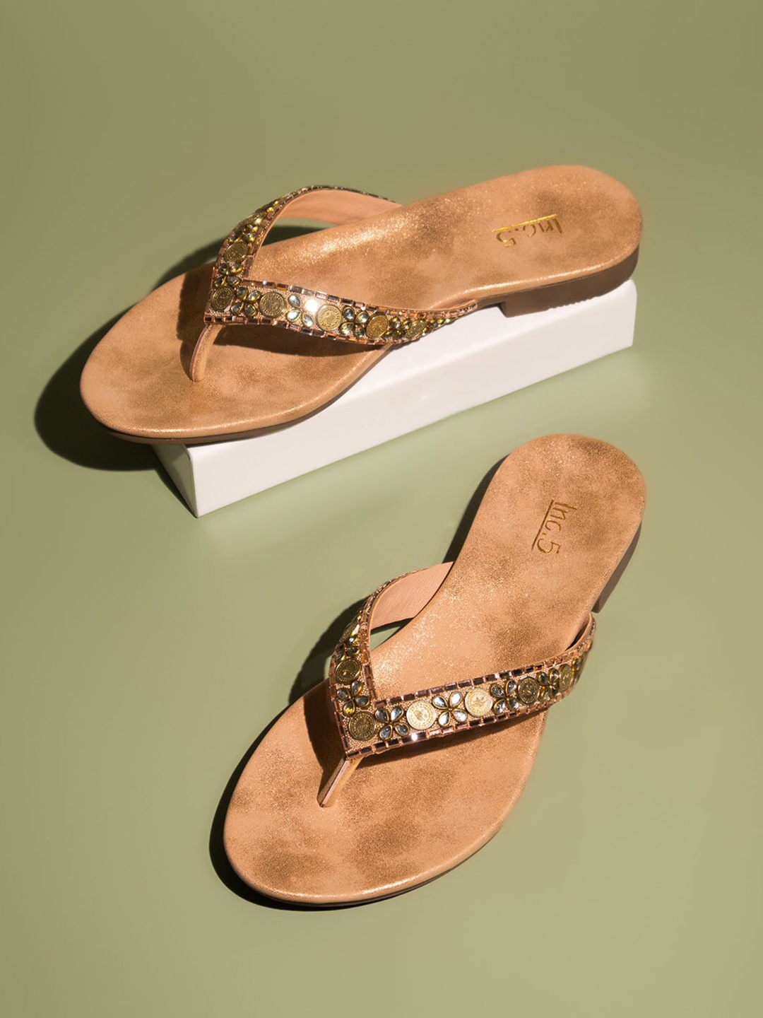 

Inc 5 Embellished Open Toe Flats, Gold