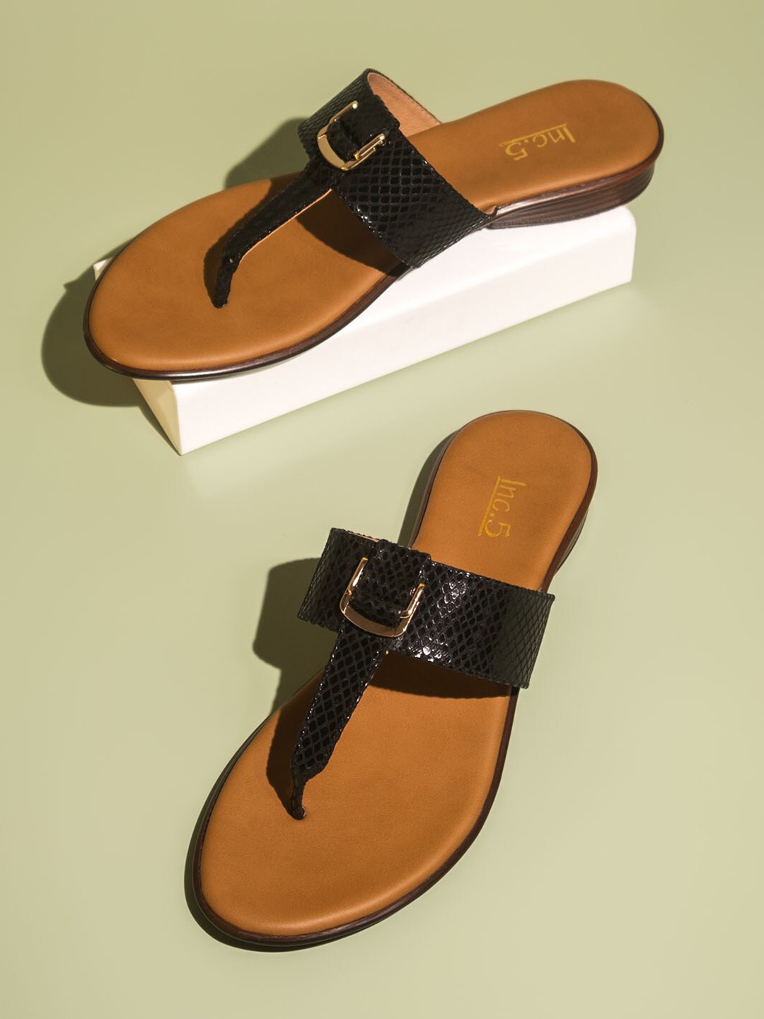 

Inc 5 Textured Open Toe T-Strap Flats, Black