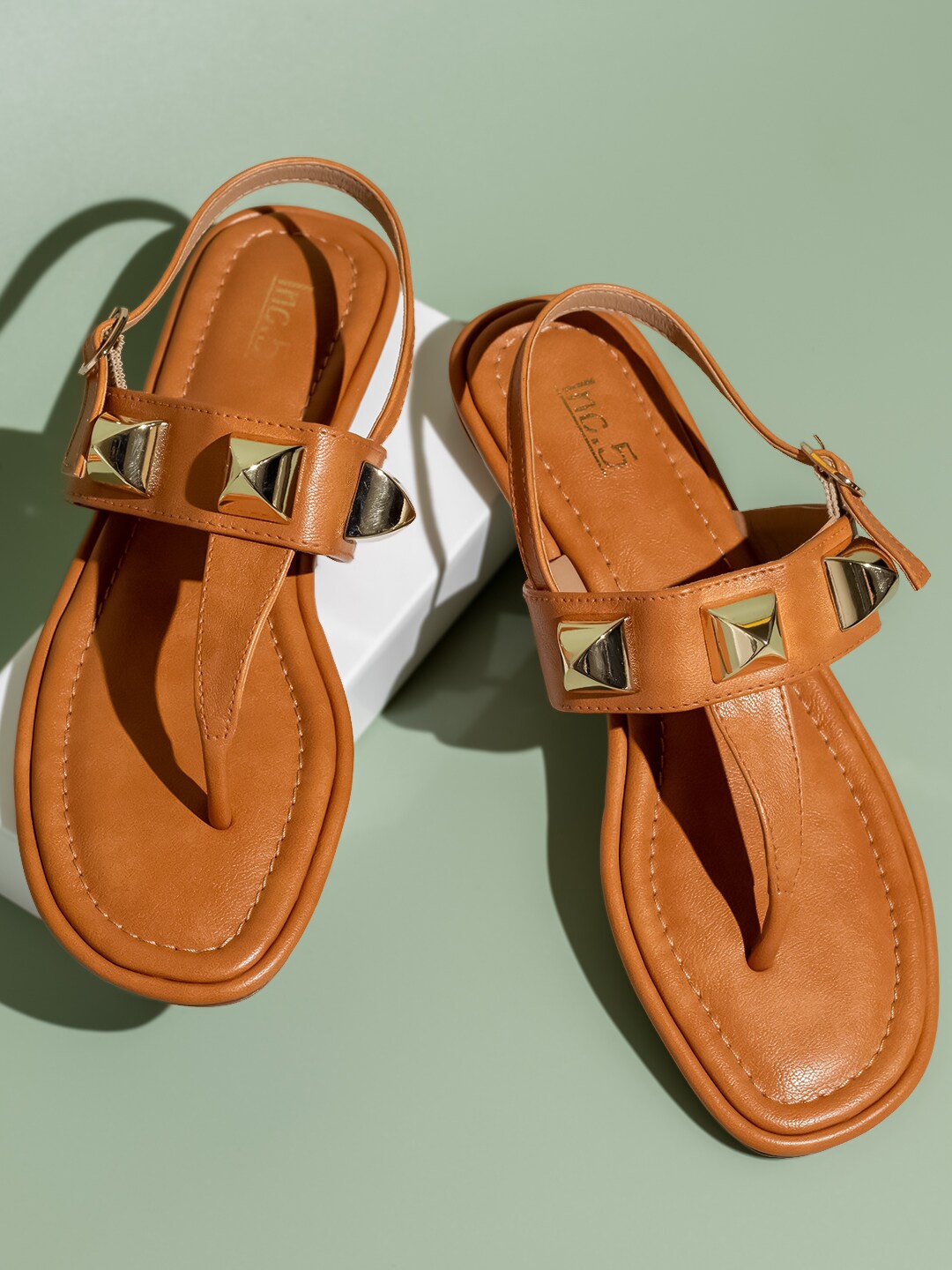 

Inc 5 Embellished Open Toe T-Strap Flats, Beige