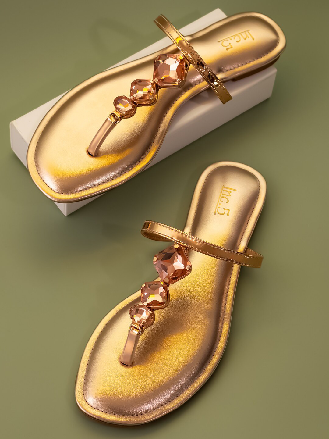 

Inc 5 Embellished Open Toe T-Strap Flats, Gold