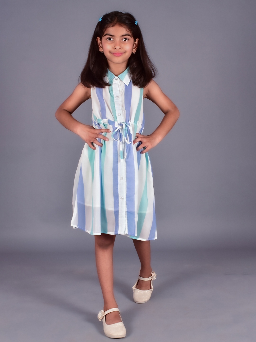 

BAESD Girls Striped Shirt Collar Georgette A-Line Dress, White
