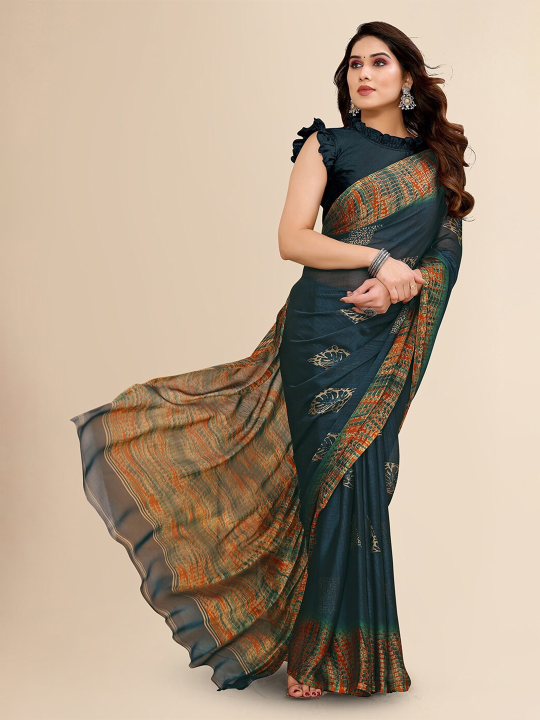 

FABMORA Abstract Printed Saree, Blue