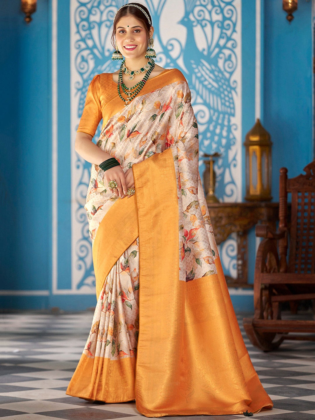 

FABMORA Kalamkari Printed Zari Pure Silk Kanjeevaram Saree, Orange