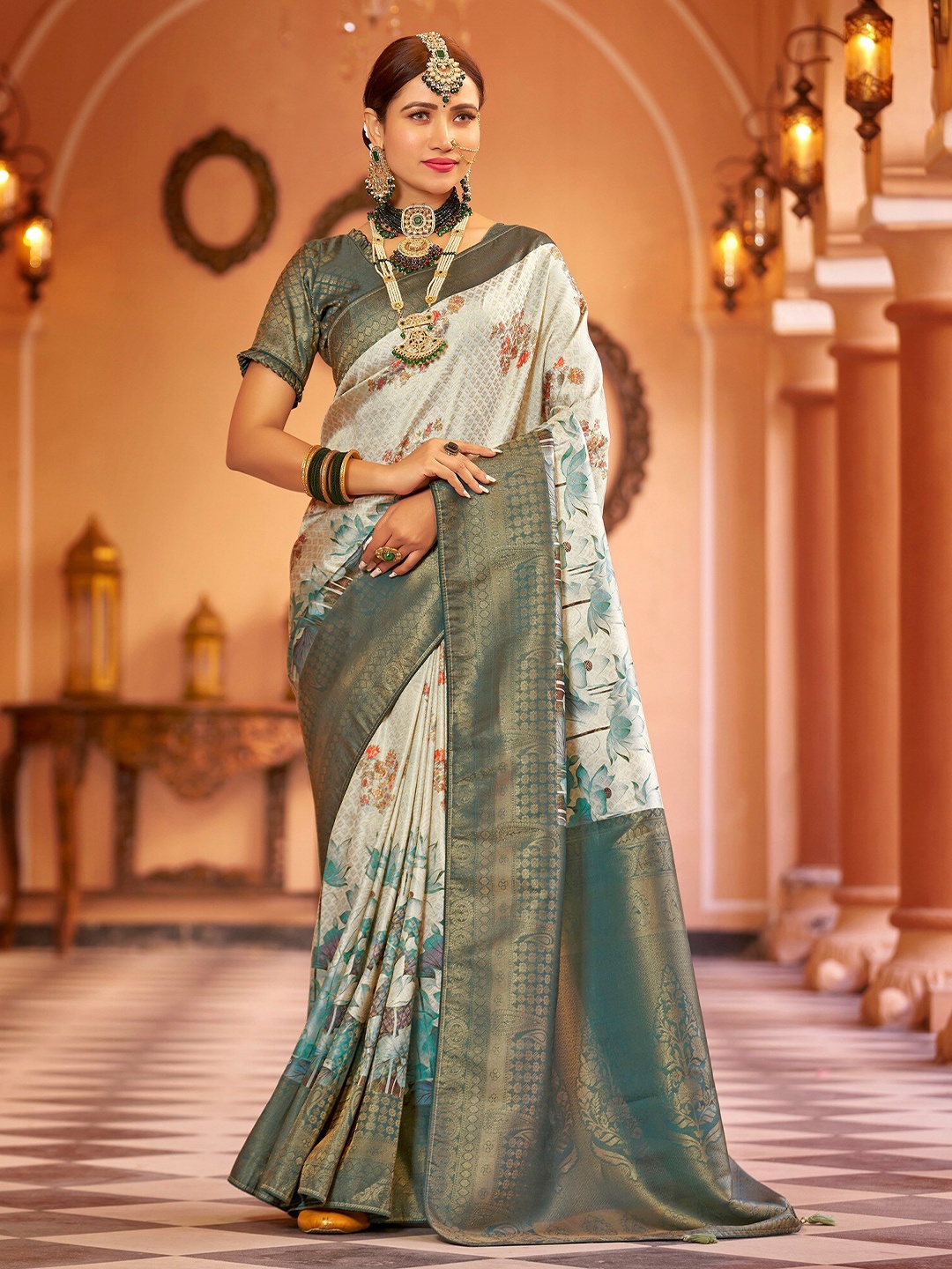 

FABMORA Kalamkari Pure Silk Kanjeevaram ZariSaree, Teal