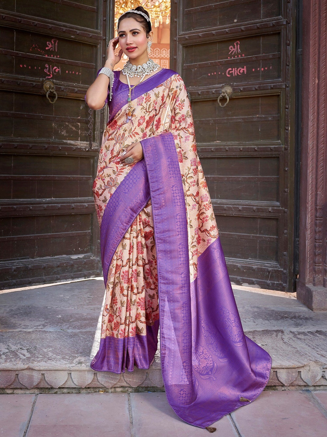 

FABMORA Kalamkari Printed Zari Pure Silk Kanjeevaram Saree, Purple