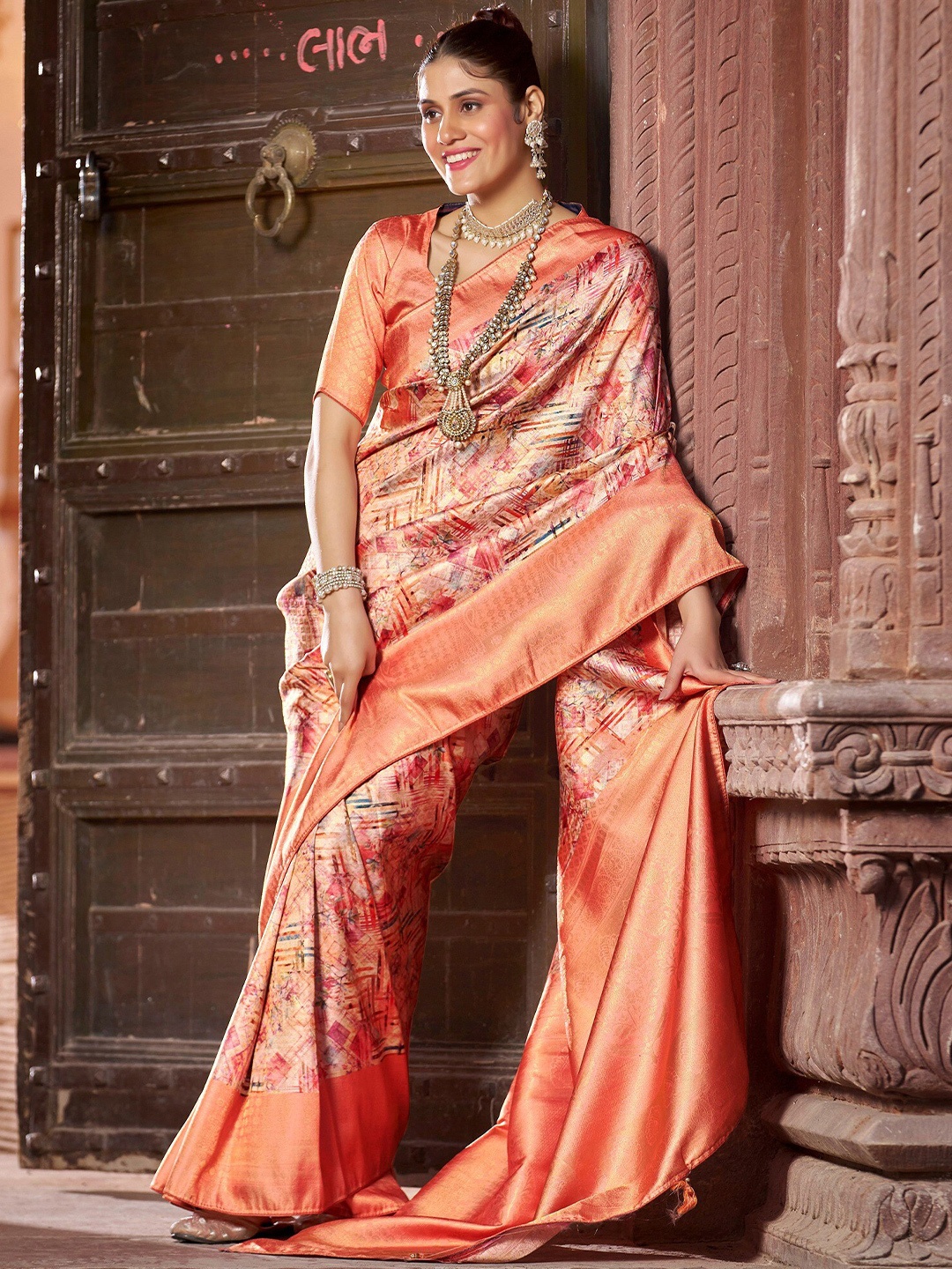 

FABMORA Kalamkari Zari Pure Silk Kanjeevaram Saree, Peach