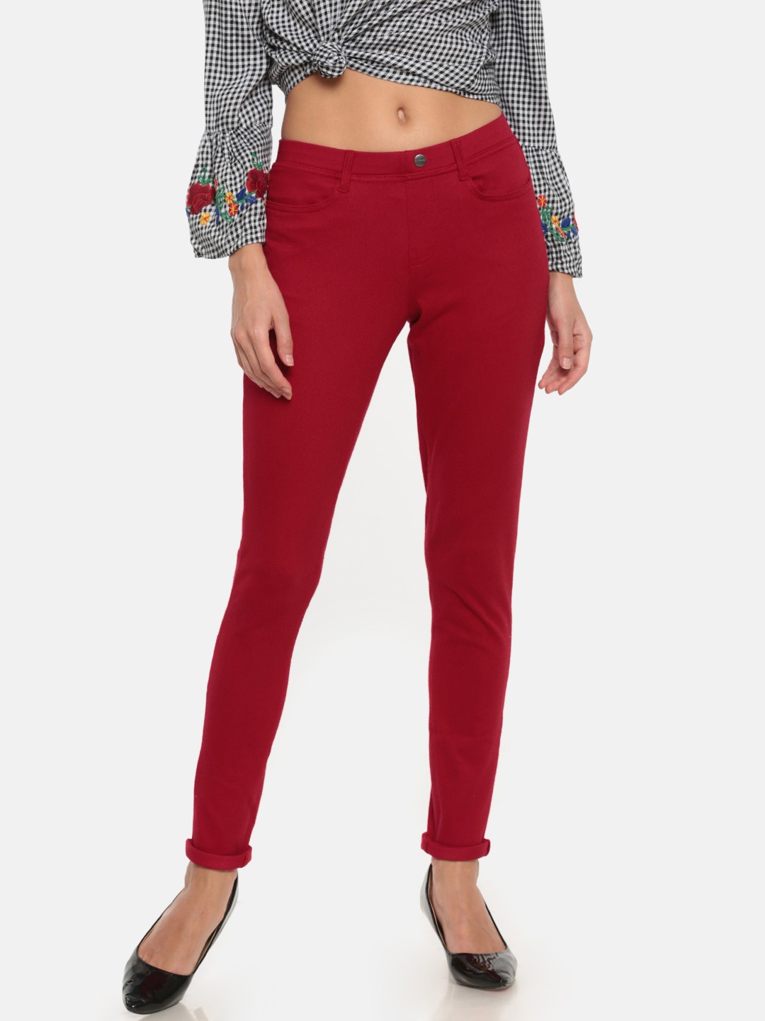 

Go Colors Red Solid Super Stretch Jeggings