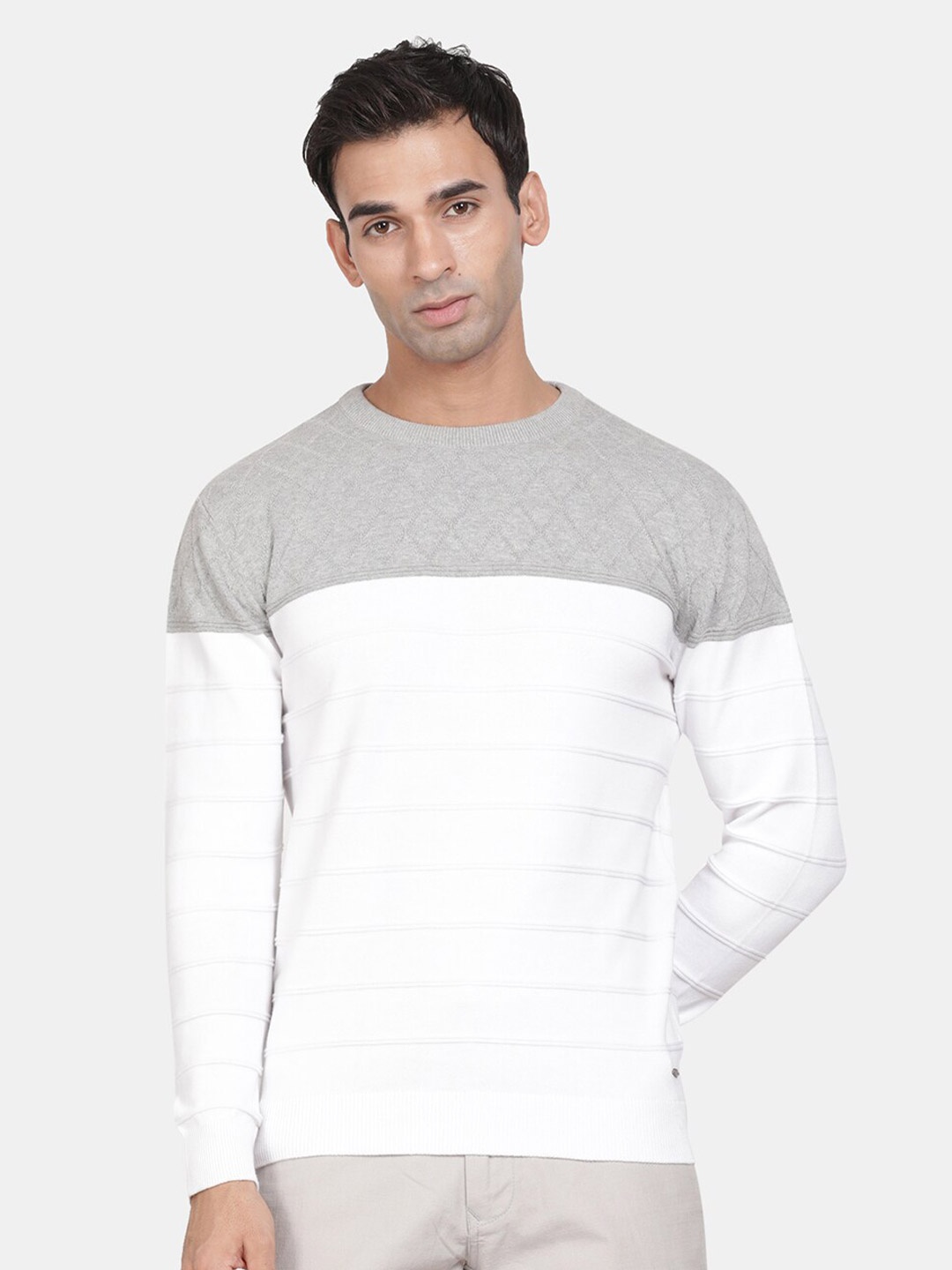 

t-base Round Collar Colourblocked Cotton Pullover, White