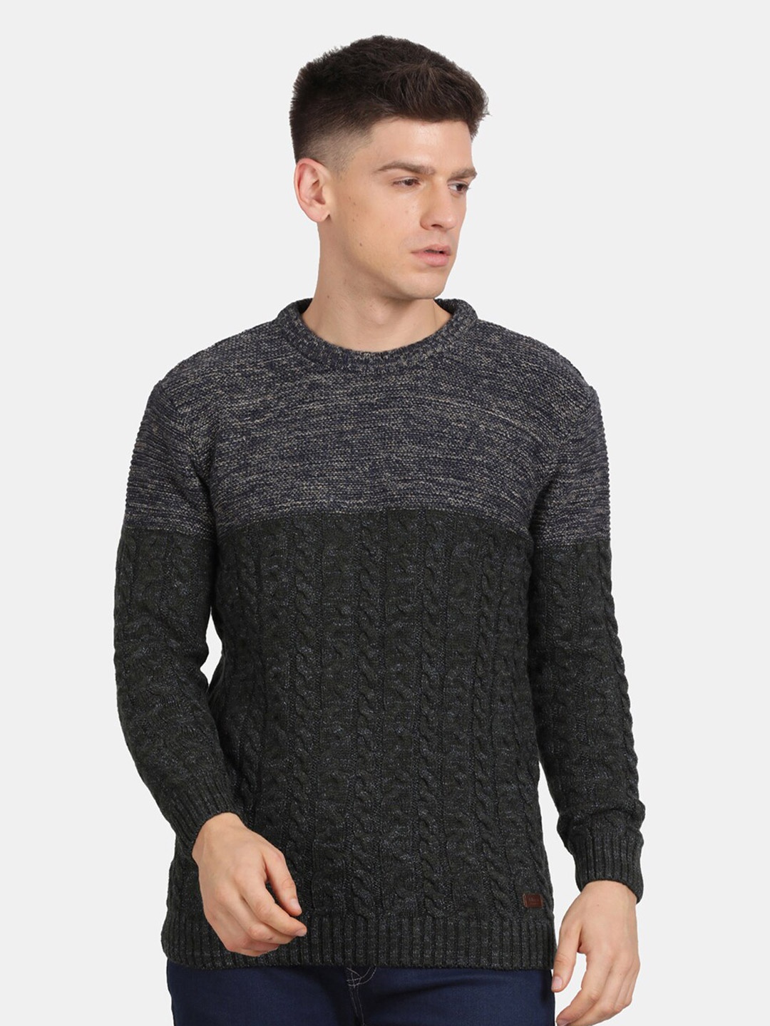 

t-base Round Neck Ribbed Cotton Pullover, Green