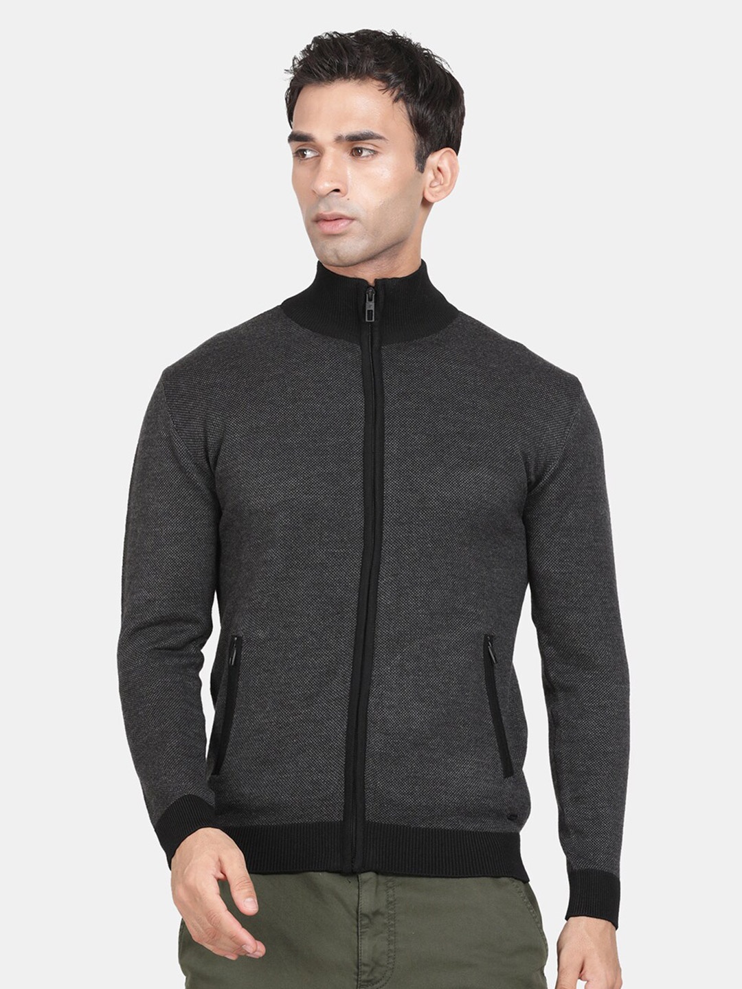

t-base Mock Collar Front-Open Ribbed Cotton Pullover, Black