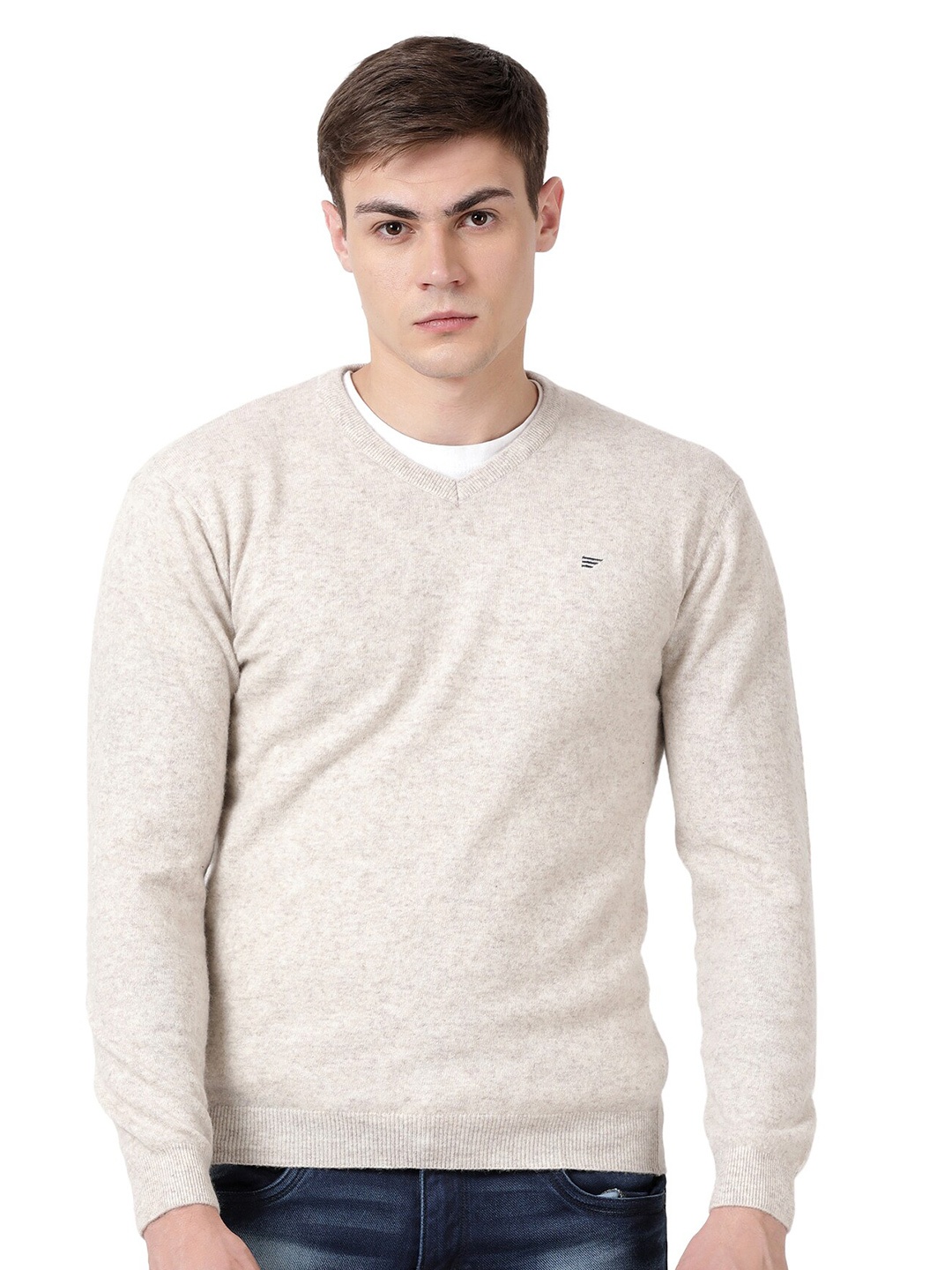 

t-base V-Neck Long Sleeves Woollen Pullover, White