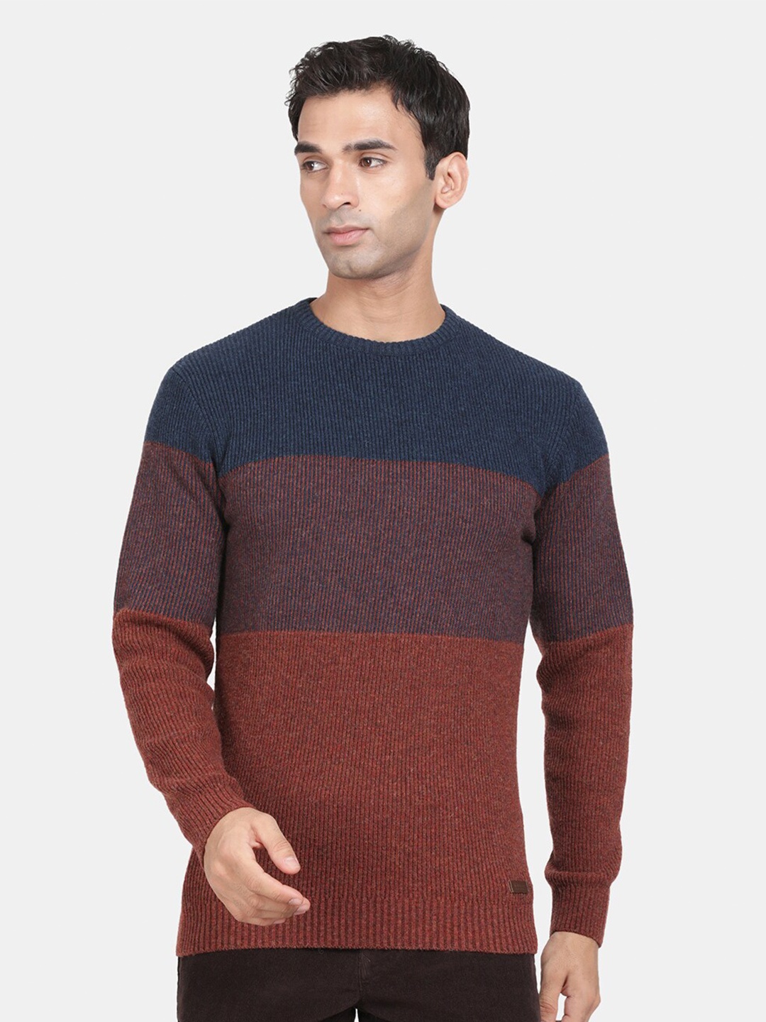 

t-base Colourblocked Round Neck Woollen Pullover, Navy blue