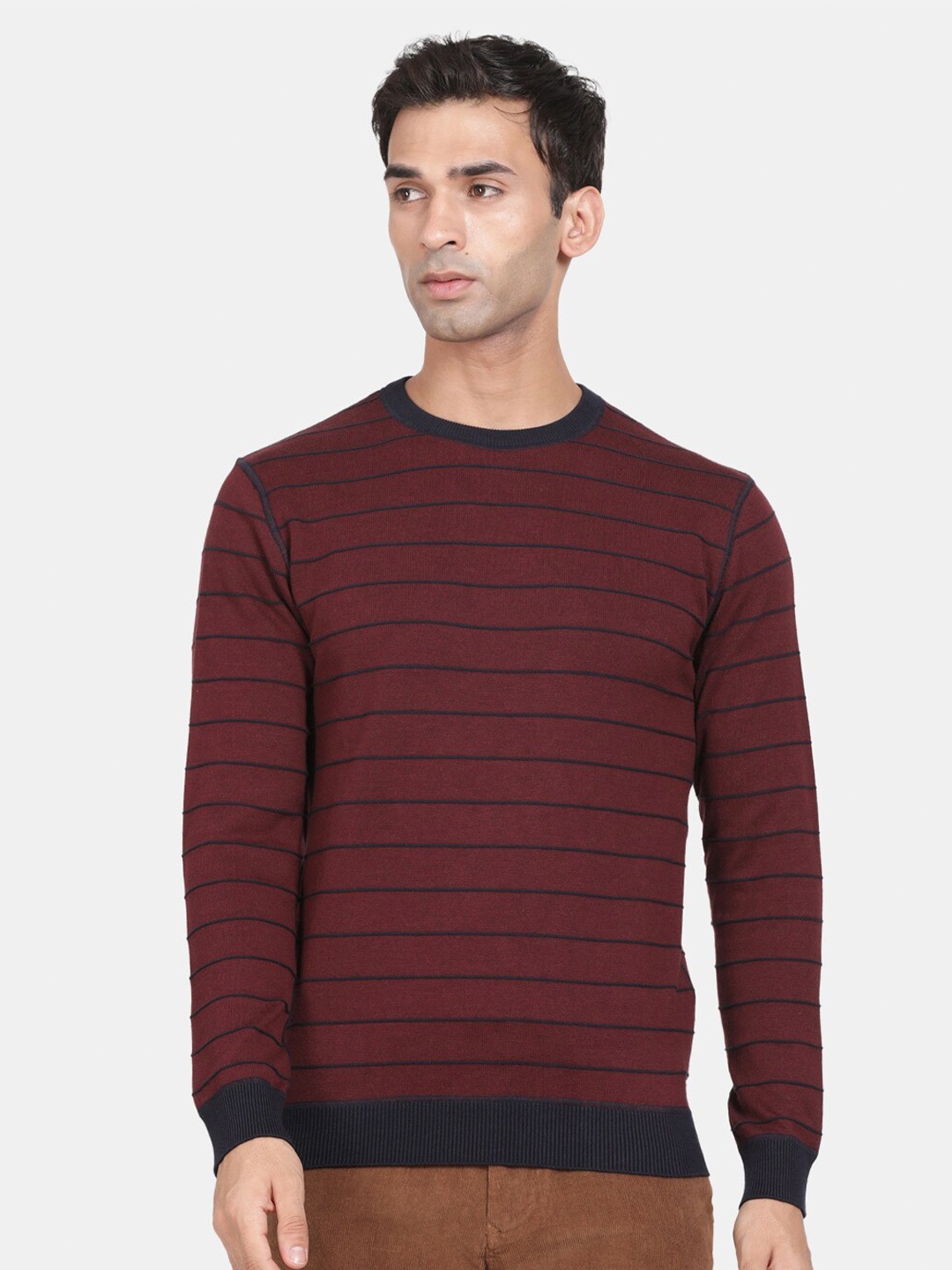 

t-base Striped Round Neck Ribbed Hem Reversible Cotton Pullover Sweaters, Maroon