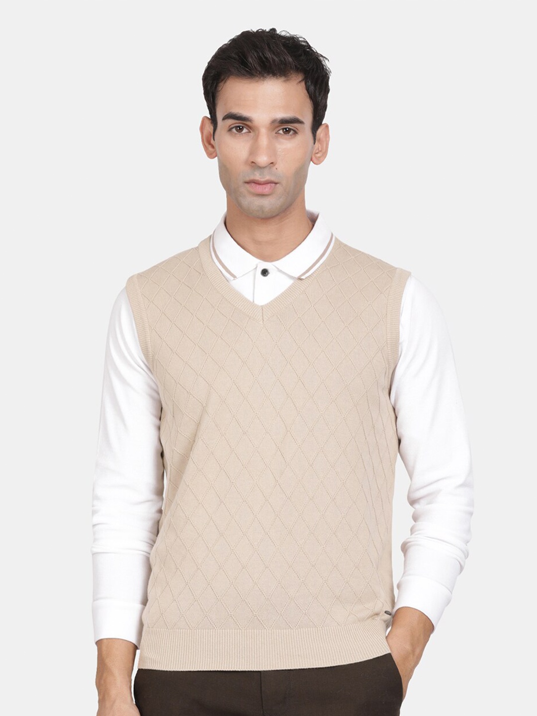

t-base Checked V-Neck Ribbed Sweater Cotton Vest, Beige