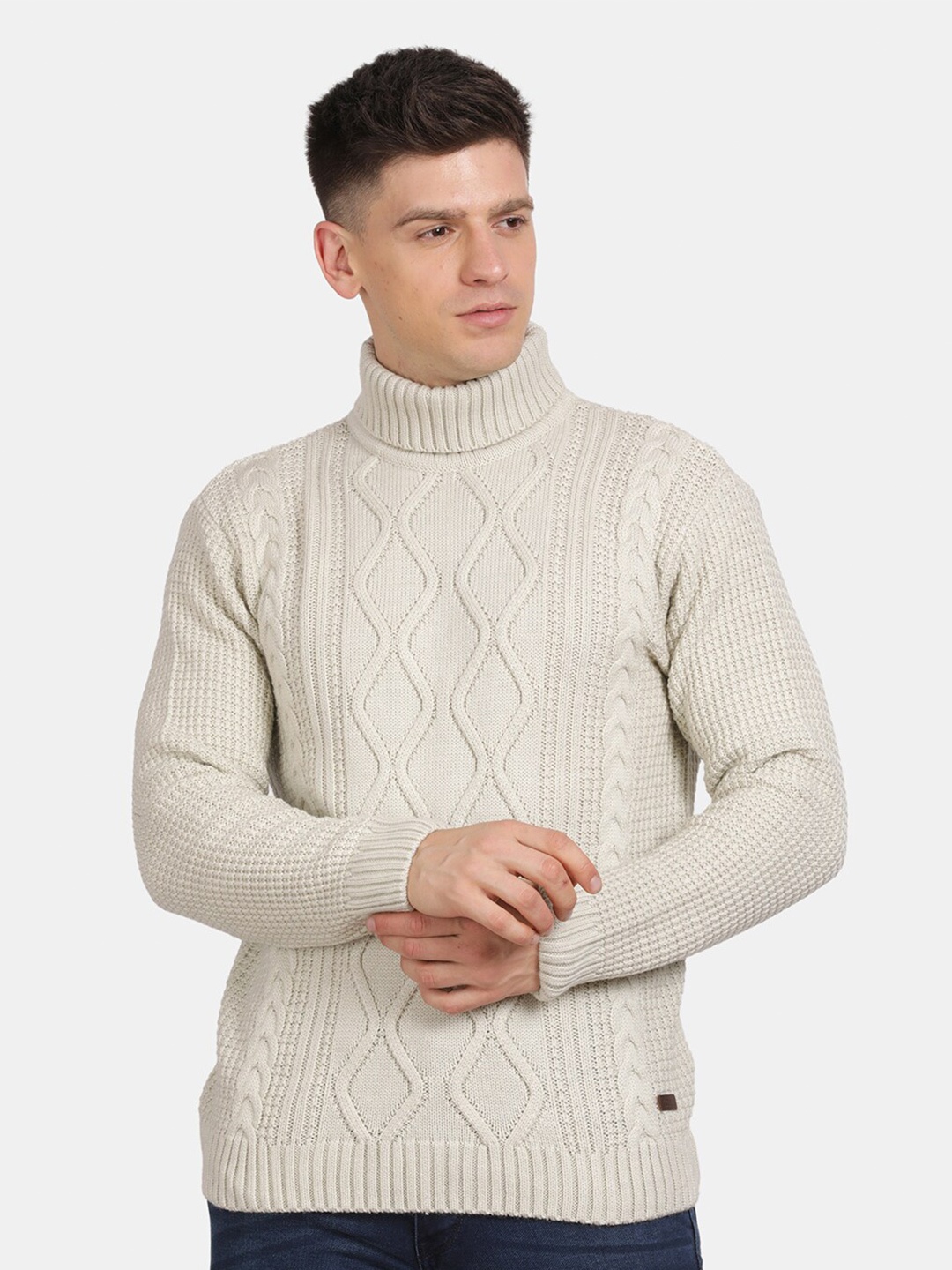 

t-base Turtle Neck Long Sleeves Cable Knit Pullover, White