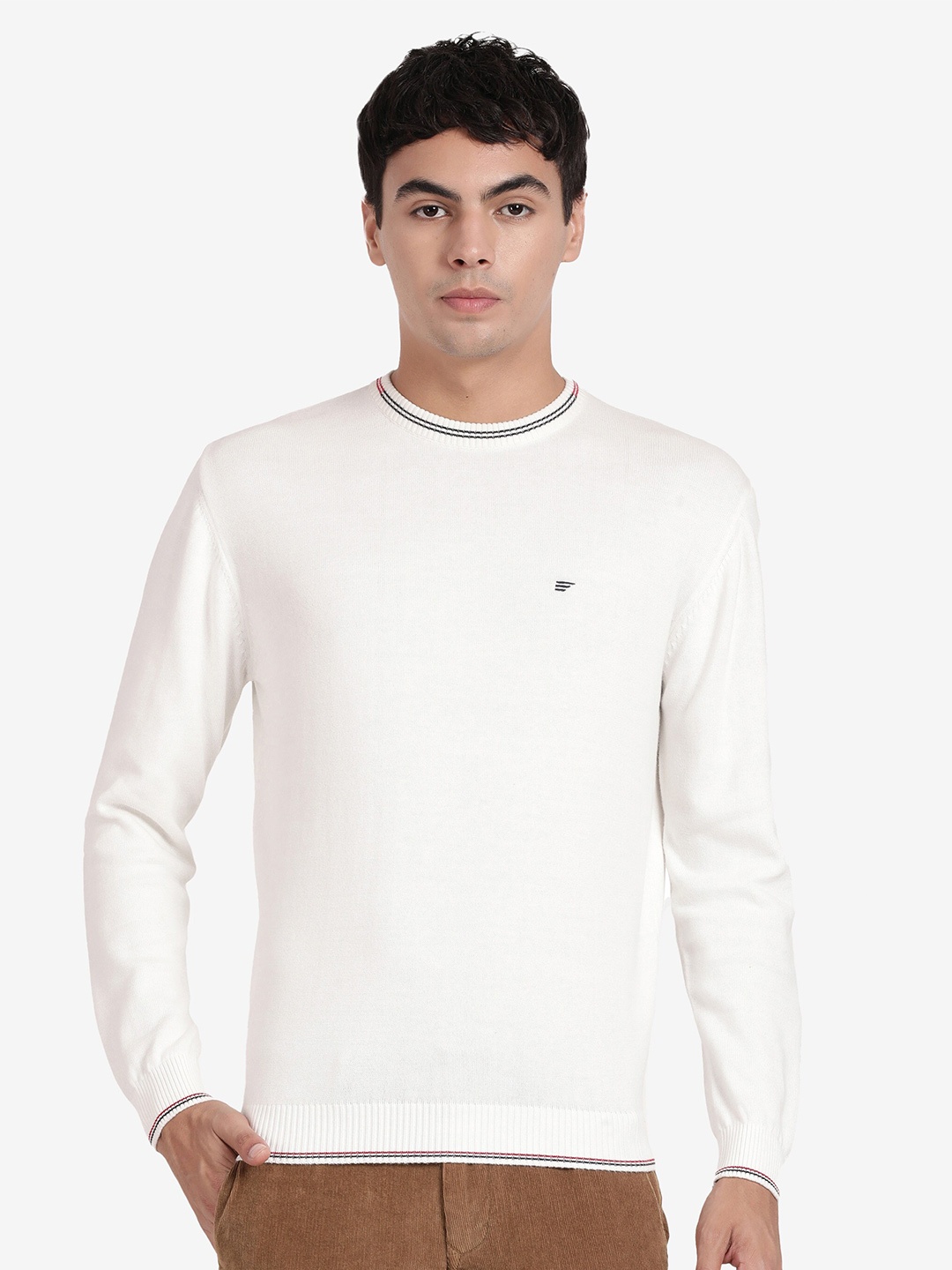 

t-base Round Neck Long Sleeves Cotton Pullover, White