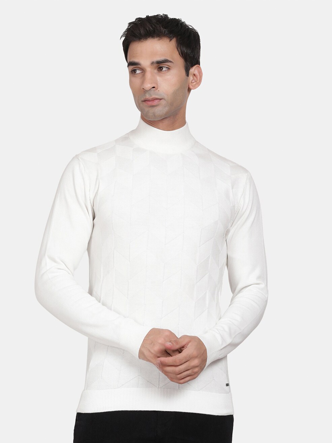 

t-base Geometric Self Design Turtle Neck Ribbed Hem Cotton Pullover Sweaters, White