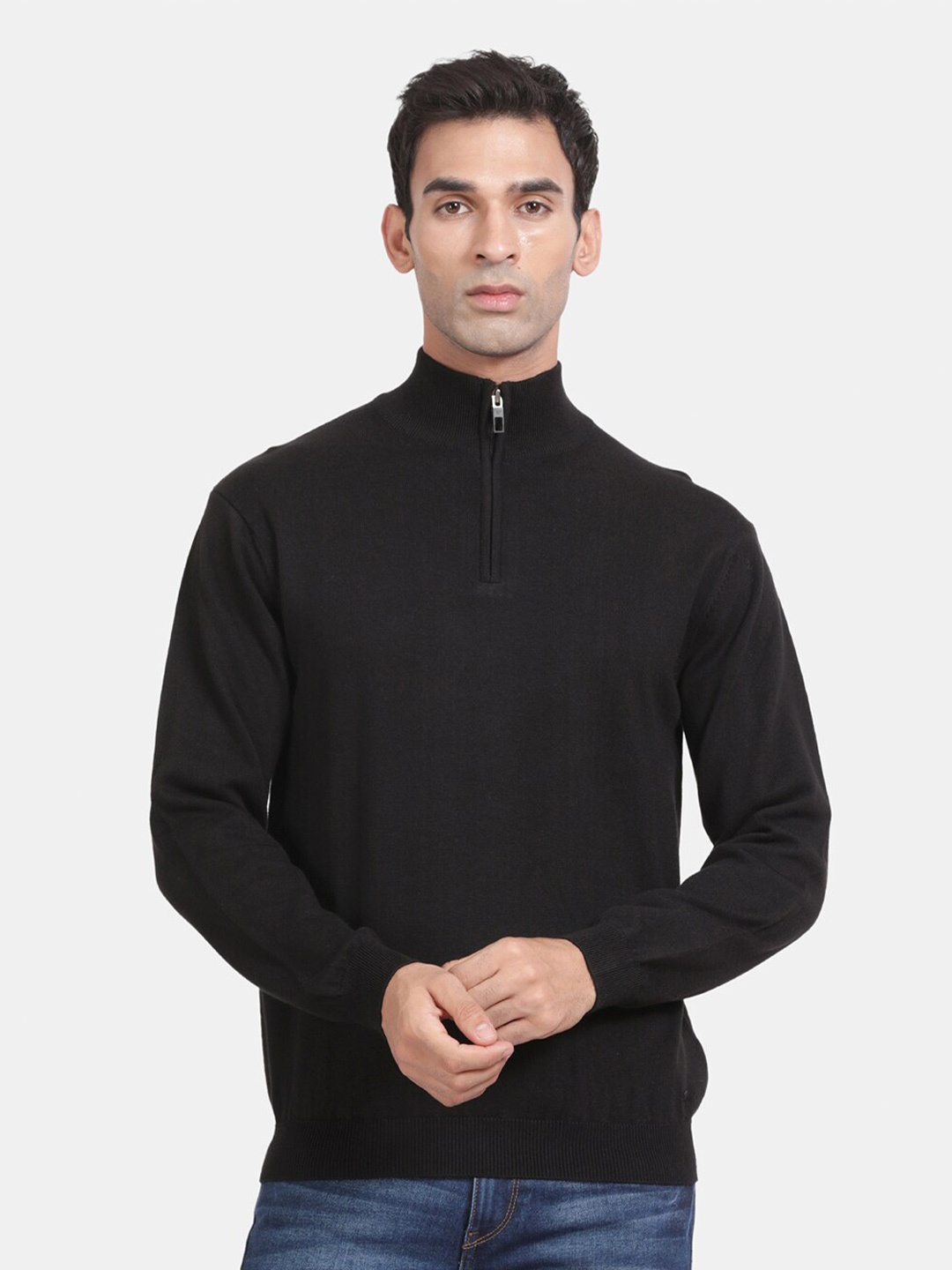 

t-base Mock Collar Cotton Pullover Sweaters, Black