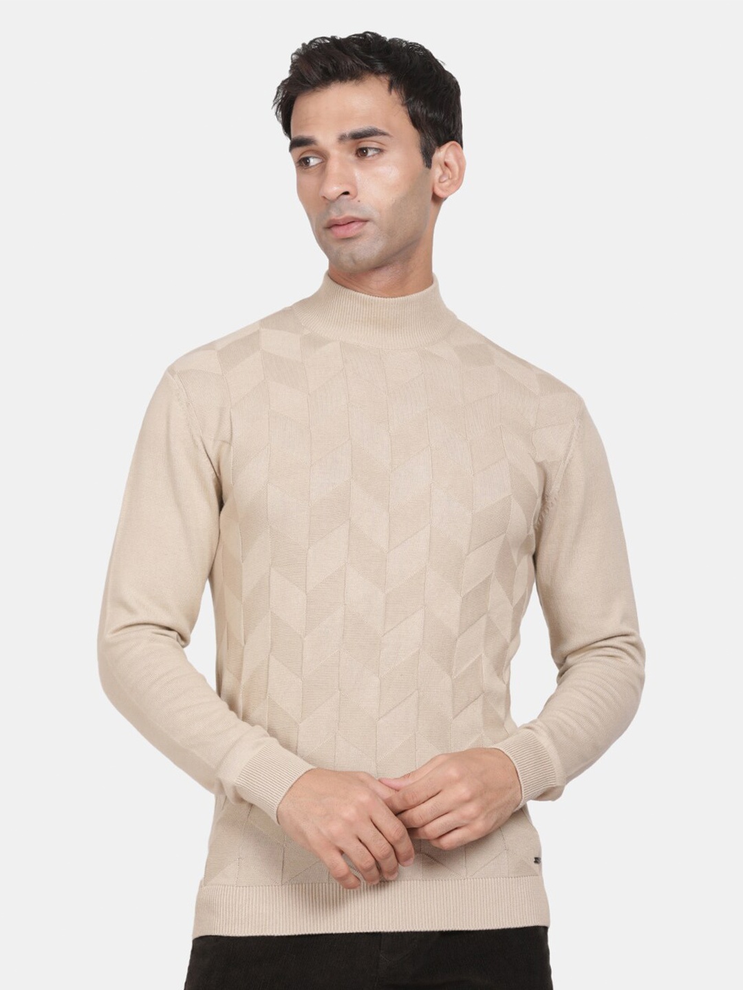 

t-base Geometric Printed Turtle Neck Pullover, Beige