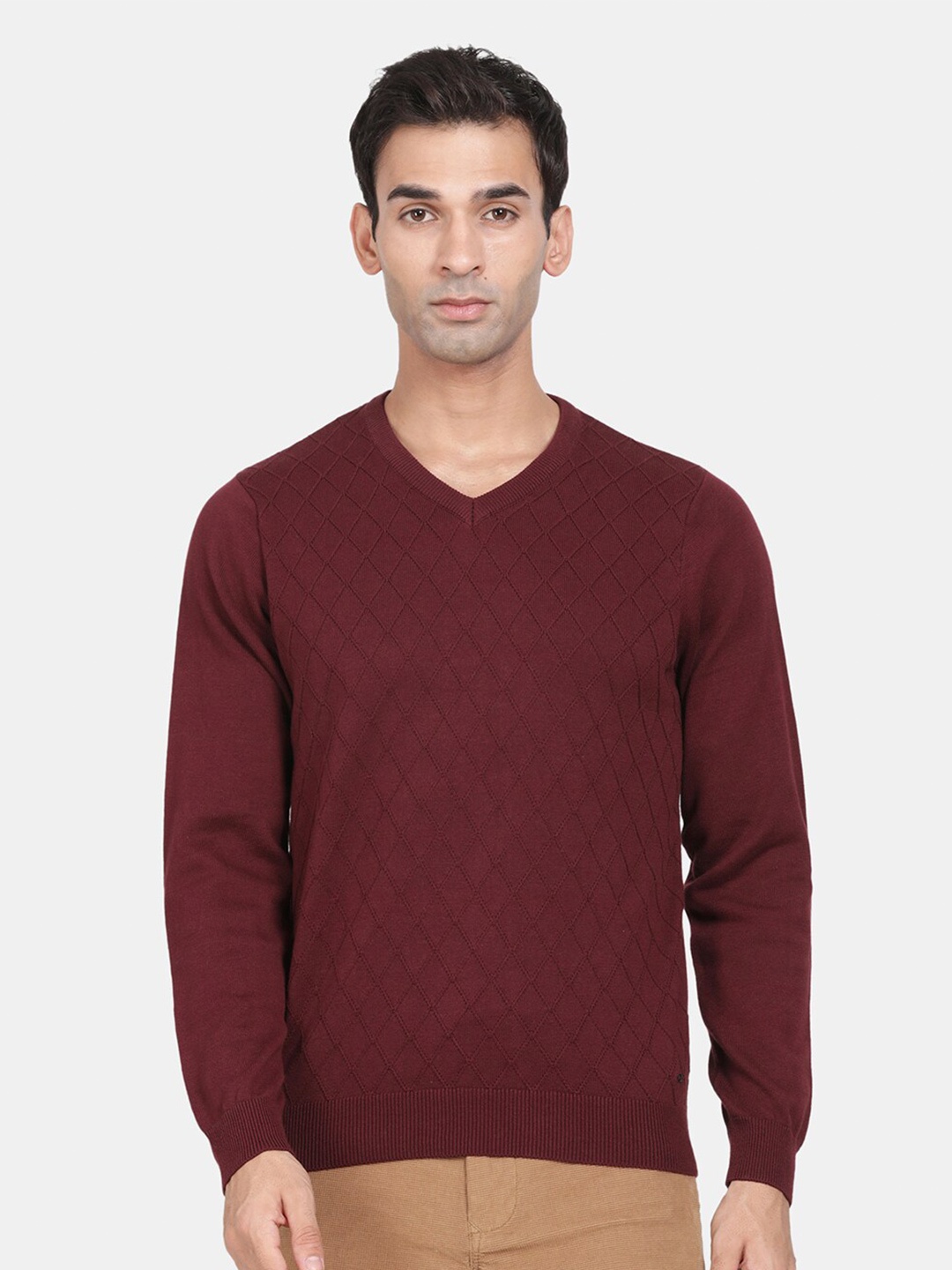 

t-base V-Neck Long Sleeves Woollen Cotton Pullover, Maroon