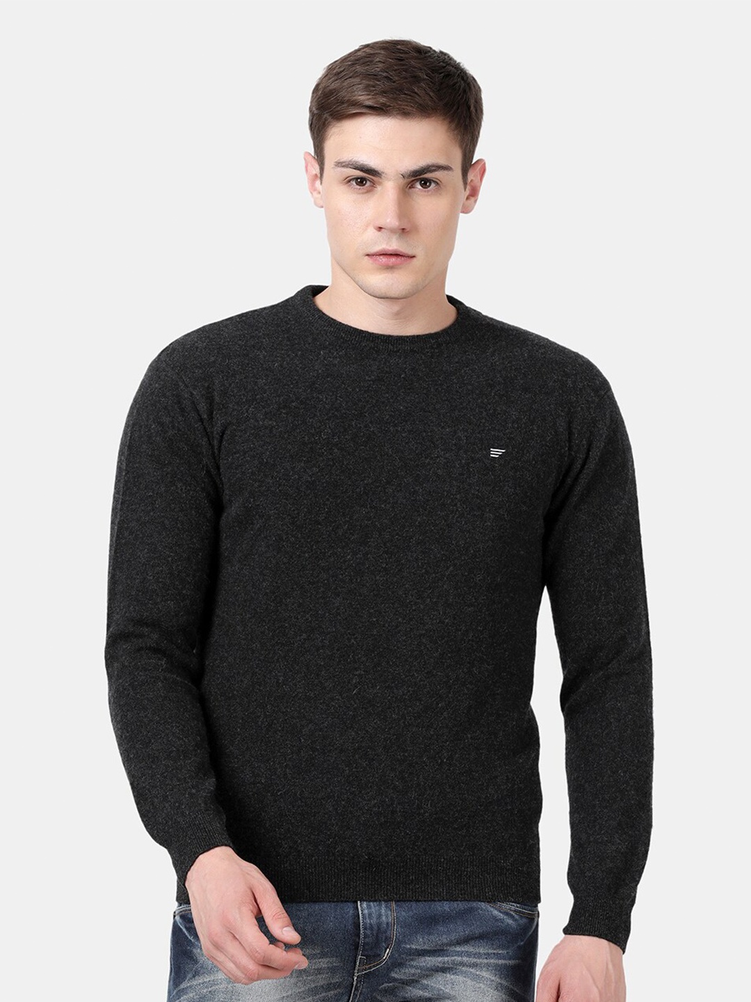 

t-base Round Neck Long Sleeves Woollen Pullover, Black
