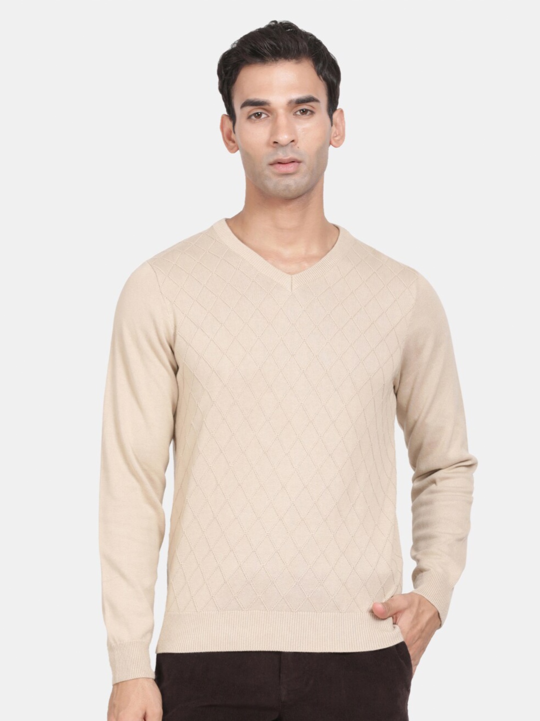 

t-base V Neck Long Sleeves Checked Cotton Pullover, Beige