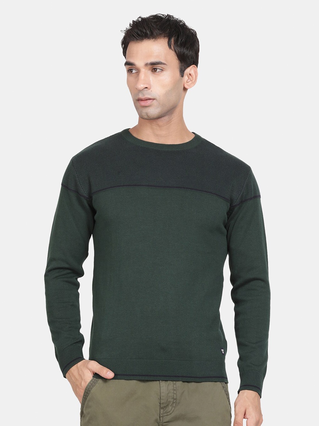 

t-base Round Neck Long Sleeves Ribbed Cotton Pullover, Green