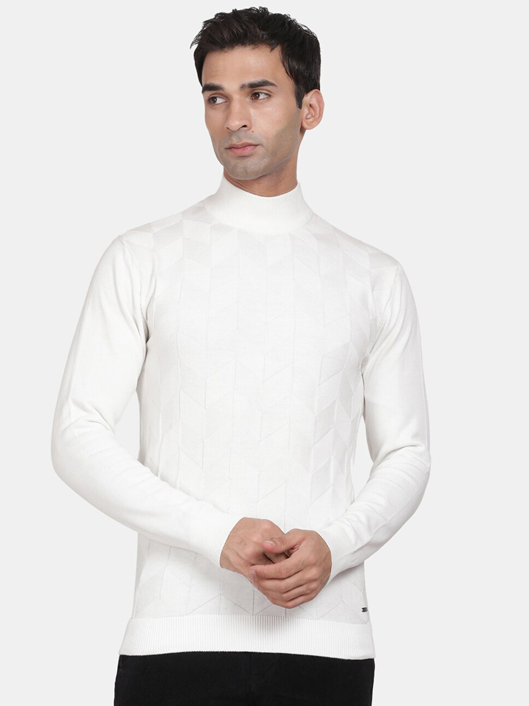 

t-base Geometric Self Design Turtle Neck Ribbed Hem Cotton Pullover Sweaters, White
