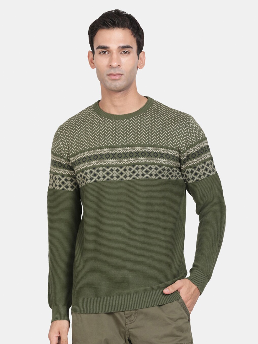 

t-base Geometric Self Design V-Neck Ribbed Hem Cotton Pullover Sweaters, Olive
