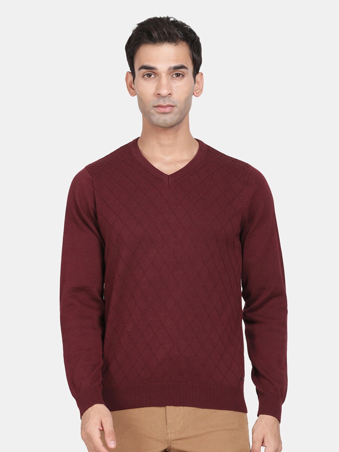 

t-base Geometric Printed V-Neck Long Sleeves Pullover, Maroon