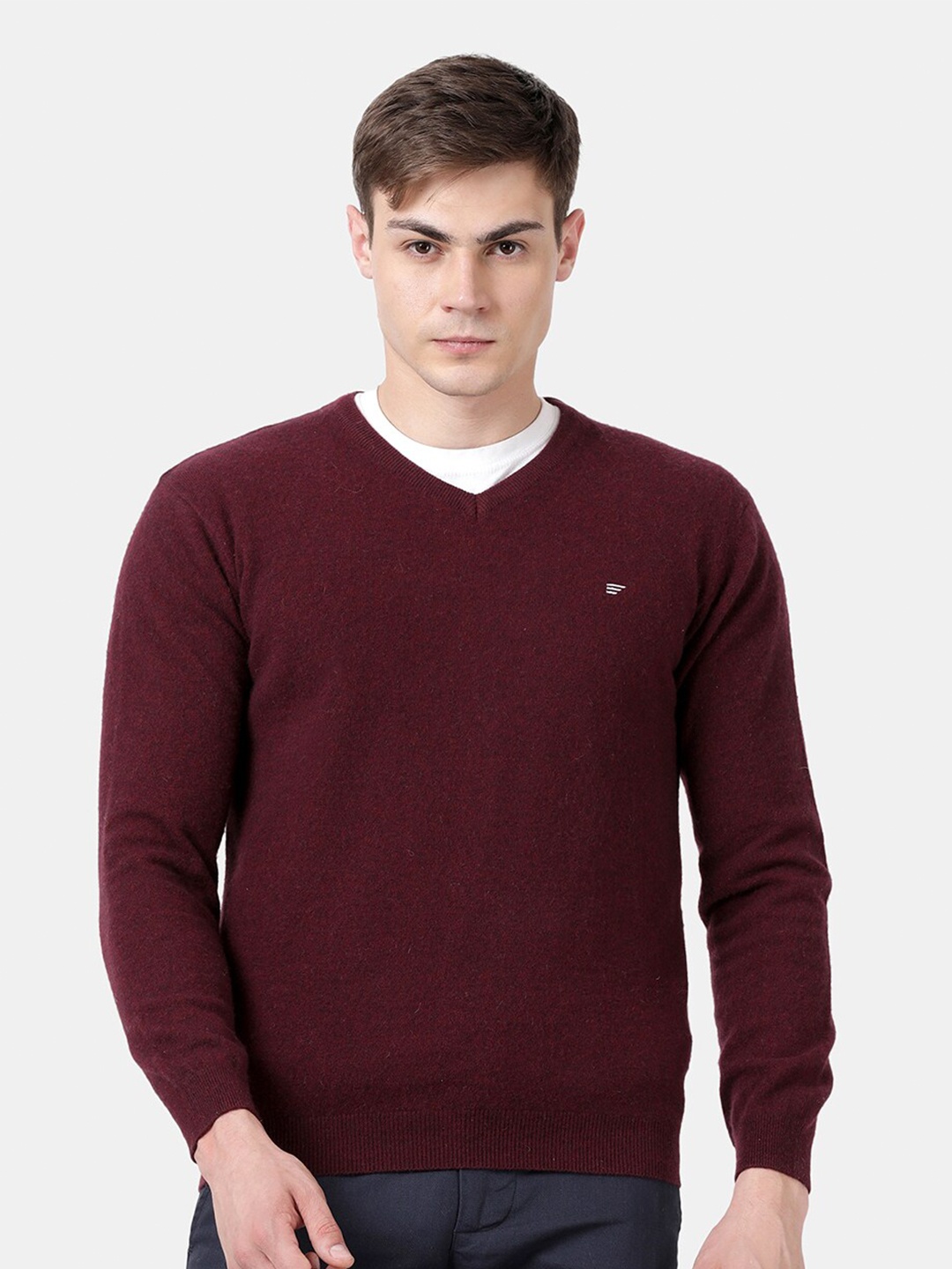 

t-base V-Neck Ribbed Hem Pullover Sweaters, Maroon
