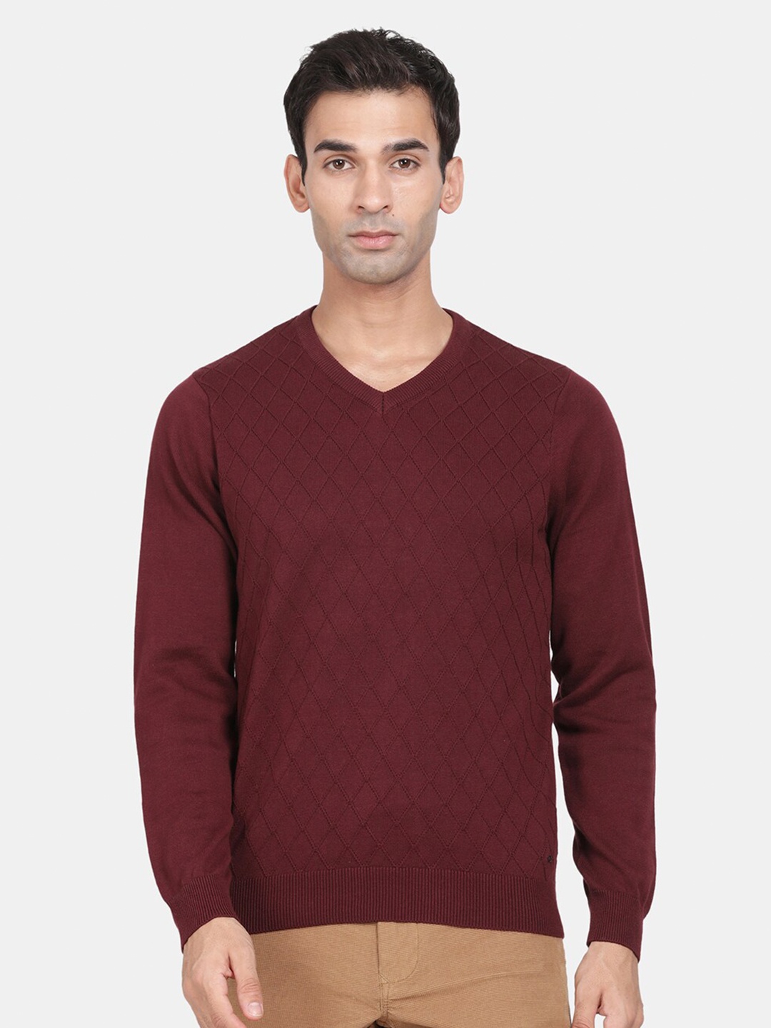 

t-base Geometric Self Design V-Neck Ribbed Hem Cotton Pullover Sweaters, Maroon